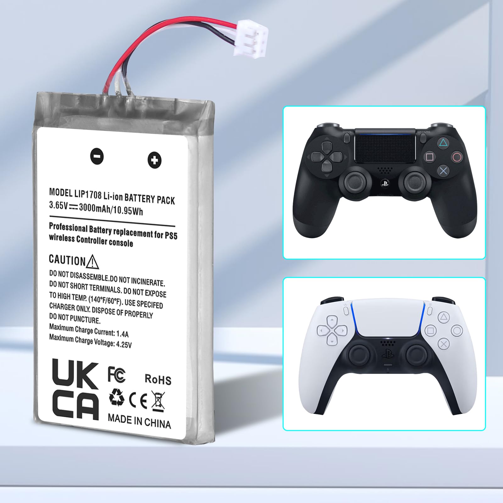 Batterie de rechange pour manette PlayStation 5 DualSense, 3000 mAh, 3,65 V LIP1708, batterie lithium-ion compatible avec manette sans fil PS5 CFI-ZCT1 W B U
