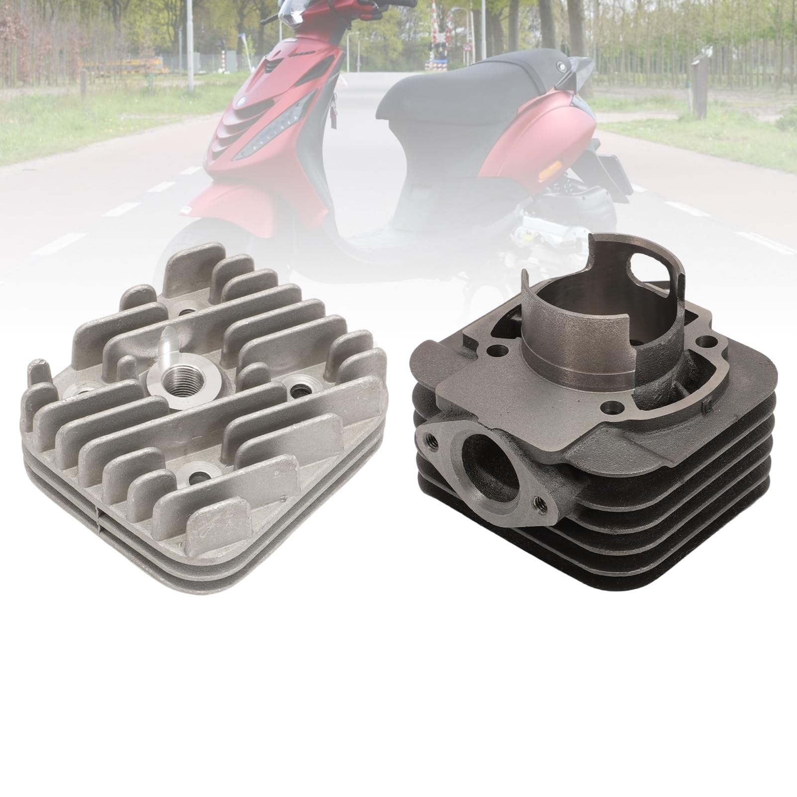 KT00086 - Grupo térmico cilindro Evolution 70 cc D.48 Piaggio AC Aria SP.12 hierro fundido refrigerado por aire para motores Piaggio Gilera, 6 trasvases con escape elíptico y cabeza de una