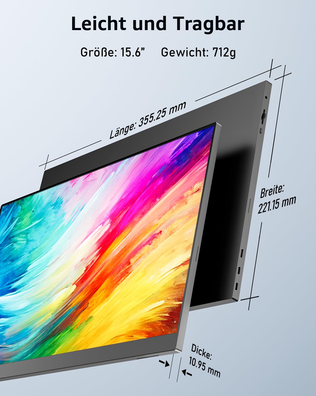 Yodoit Portable Monitor, 15,6 Zoll, 1920 × 1080, Tragbarer FHD Bildschirm, IPS Display mit Ständer, USB-Typ-C-Anschluss und integrierten Lautsprechern, kompatibel mit PC, Laptop