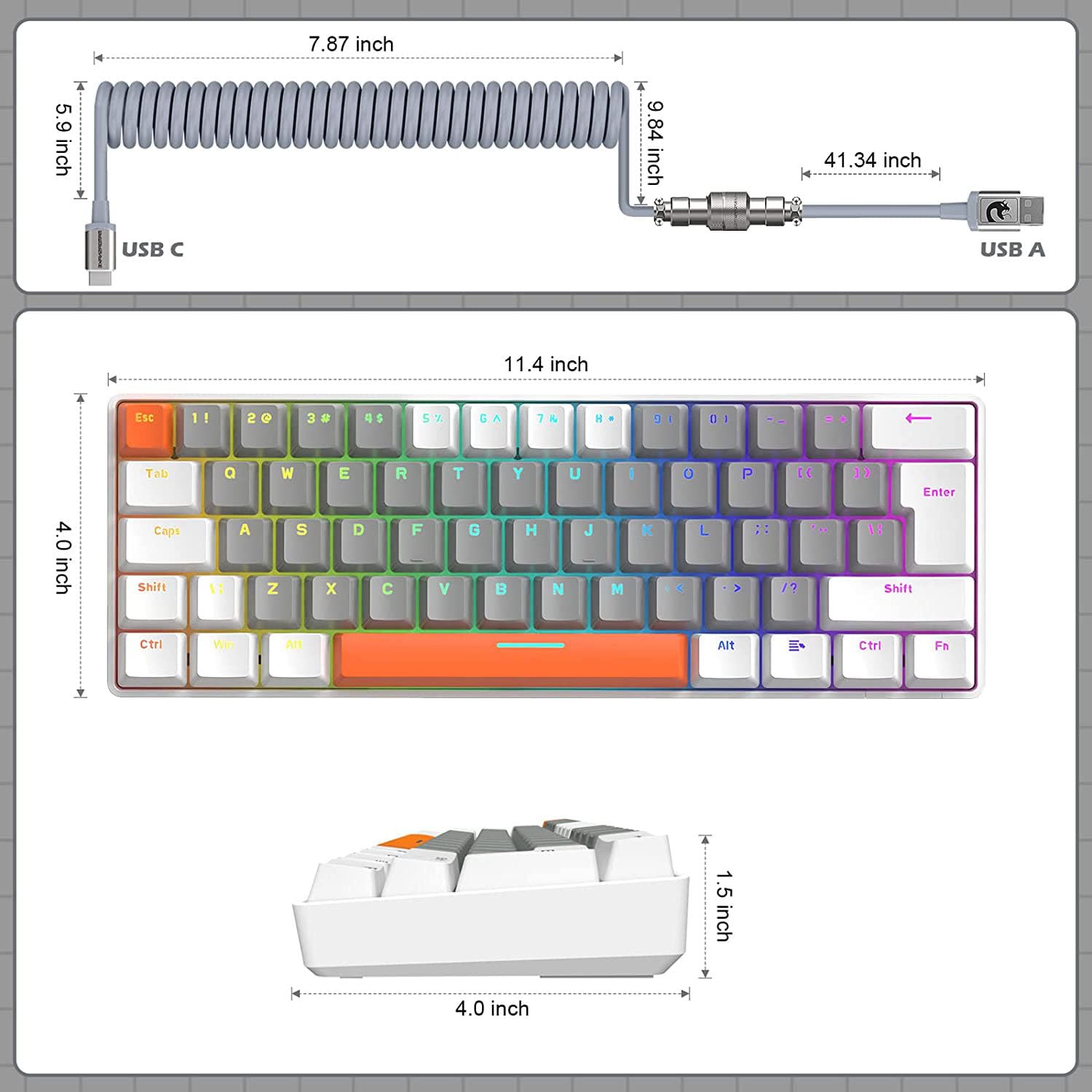 ZIYOU LANG T60 Clavier de Jeu Filaire avec Câble USB C Enroulé, QWERTY Mini 60% Compact 62 Key Anti-ghosting, 18 Rétroéclairage Arc-en-Ciel, Clavier Mécanique Linear Red Switch pour PC/Mac - Abeille