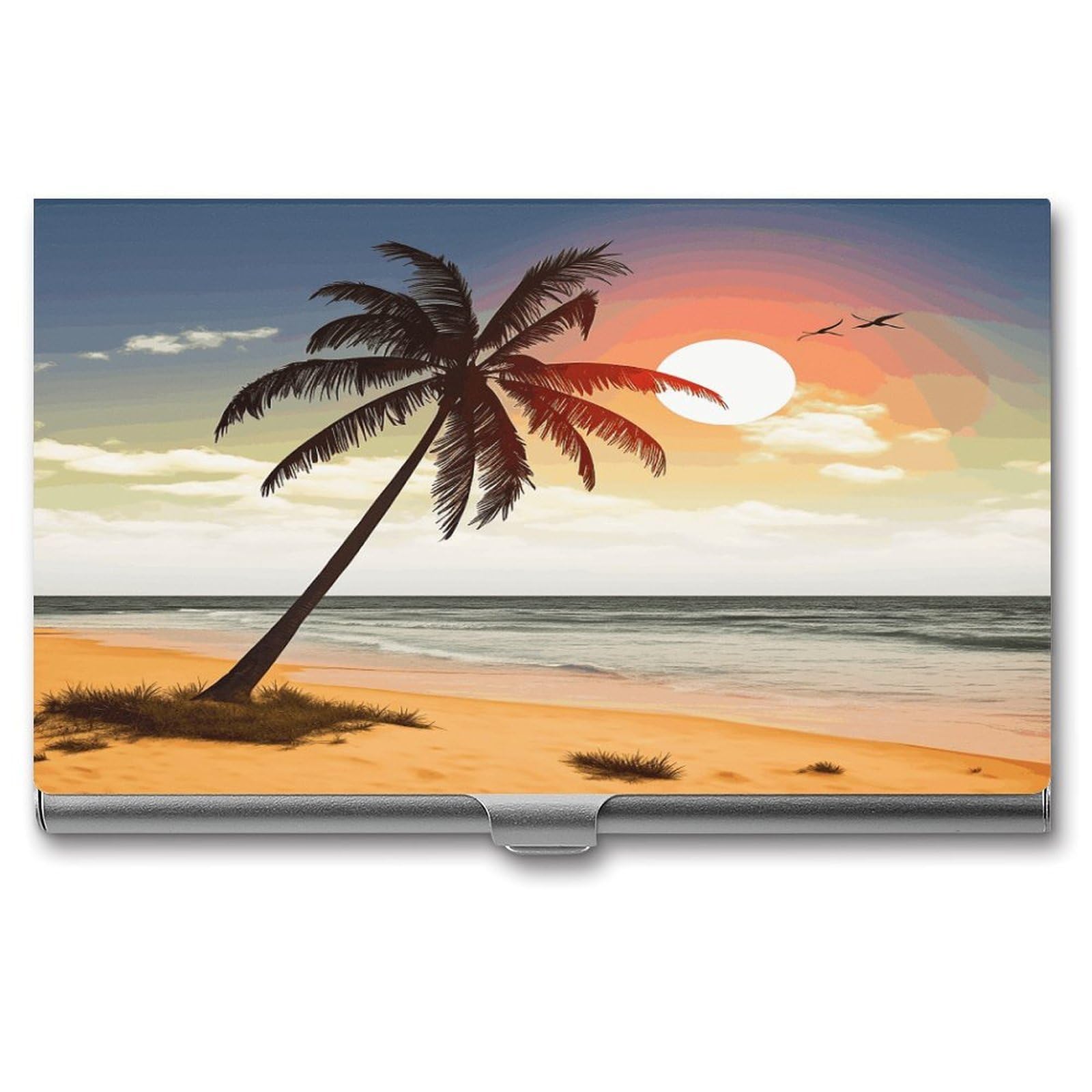 JTREHY Palm Tree on Beach Business Card Holder Slim Purse Name Card Holder Portable Metal Business Card Case Wallet Large Capacity Lightweight Business Card Case for Men Women
