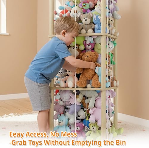 Miniatura 5 de Almacenamiento de animales de peluche, torre de almacenamiento de madera con parte inferior de malla y hamaca de felpa  Soporte de juguetes de gran