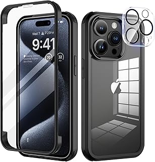 seacosmo iPhone 15 Pro Case 6.1 Inch, Full-Body Shockproof Case with Built-in Glass Screen Protector and Camera Lens Protector Rubber Bumper Case Cover for iPhone 15 Pro 2023 - Black/Clear