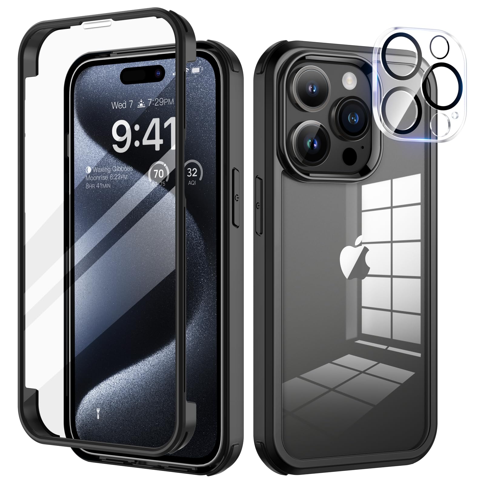 seacosmo for iPhone 15 Pro Case 6.1 Inch, Full-Body Shockproof Case with Built-in Glass Screen Protector and Camera Lens Protector Rubber Bumper Phone Case Cover for iPhone 15 Pro - Black/Clear