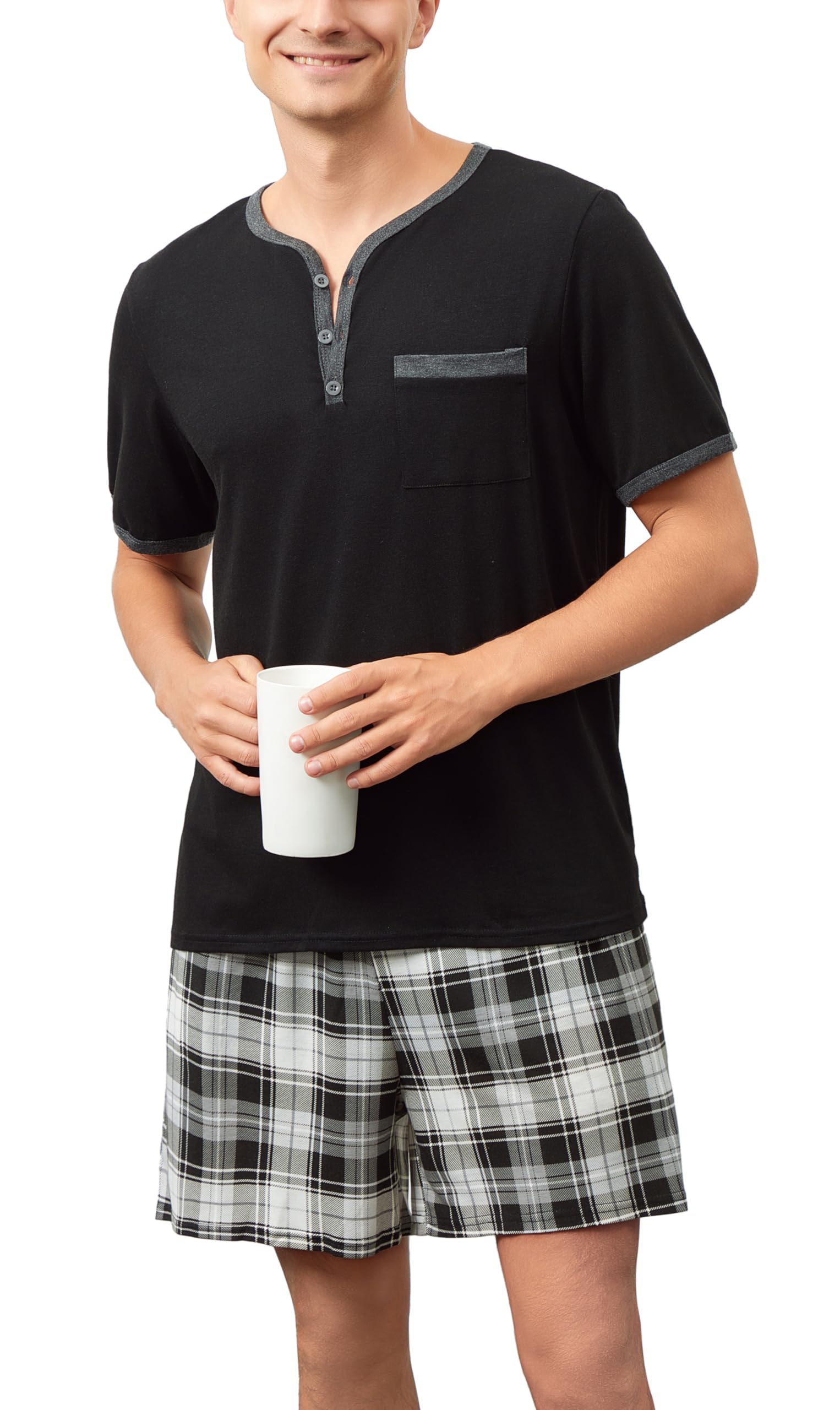 Yukiuiny Herren Schlafanzug Kurz Baumwolle Pyjamaset Weich Leicht Nightwear Set für Sommer V Ausschnitt Oberteil+Shorts