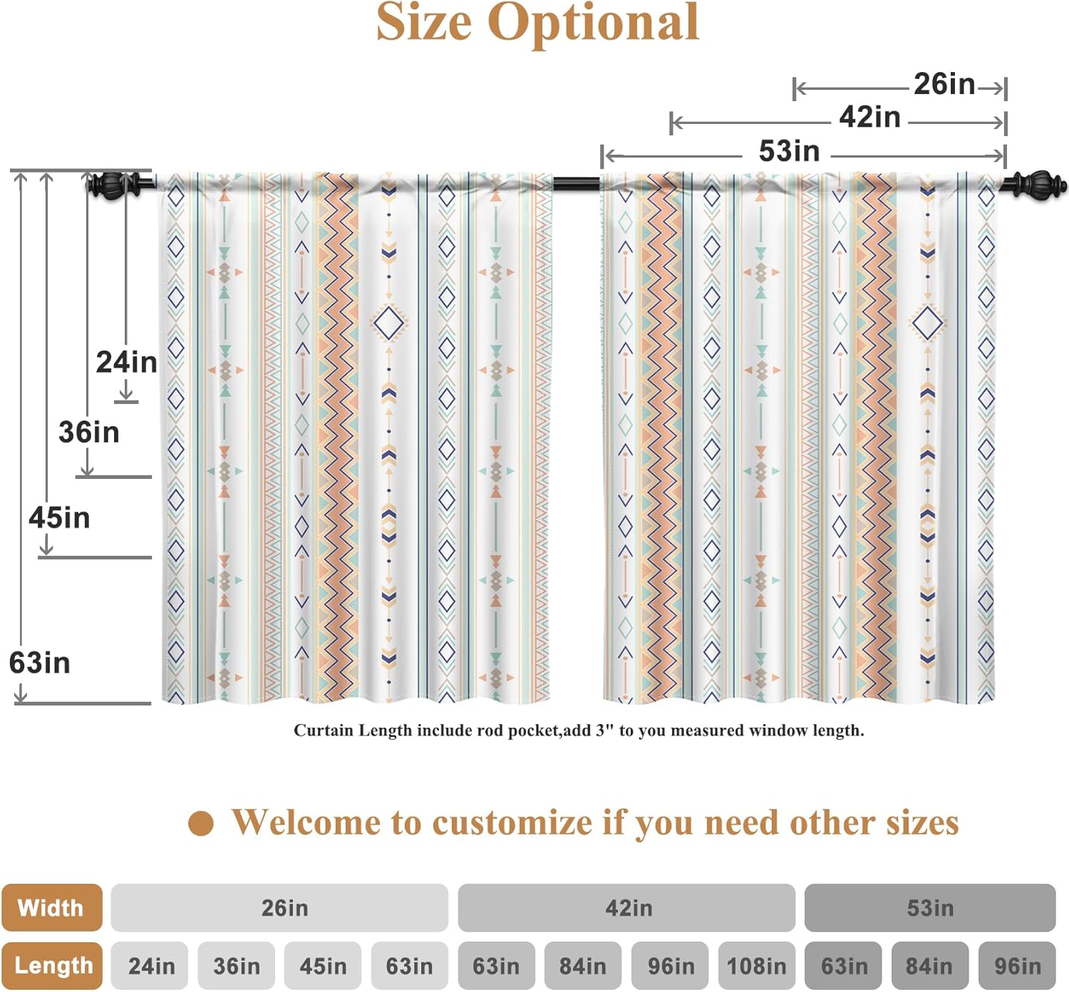 Renaiss 26 x 63 Inch Bohemian Curtains Linen Rod Pocket Window Treatment Curtain for Living Dining Room Bedroom Decor Farmhouse Boho Geometric Striped Printed Light Filtering Window Drapes 2 Panels