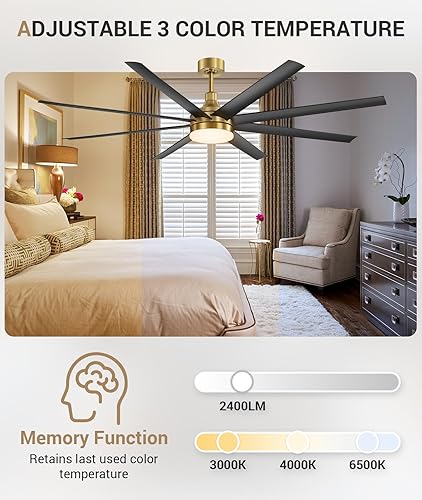 Miniatura 3 de Ventilador de techo de 72 pulgadas con luz y control remoto, 8 aspas reversibles, motor de CC silencioso, 6 velocidades, función de temporizador,