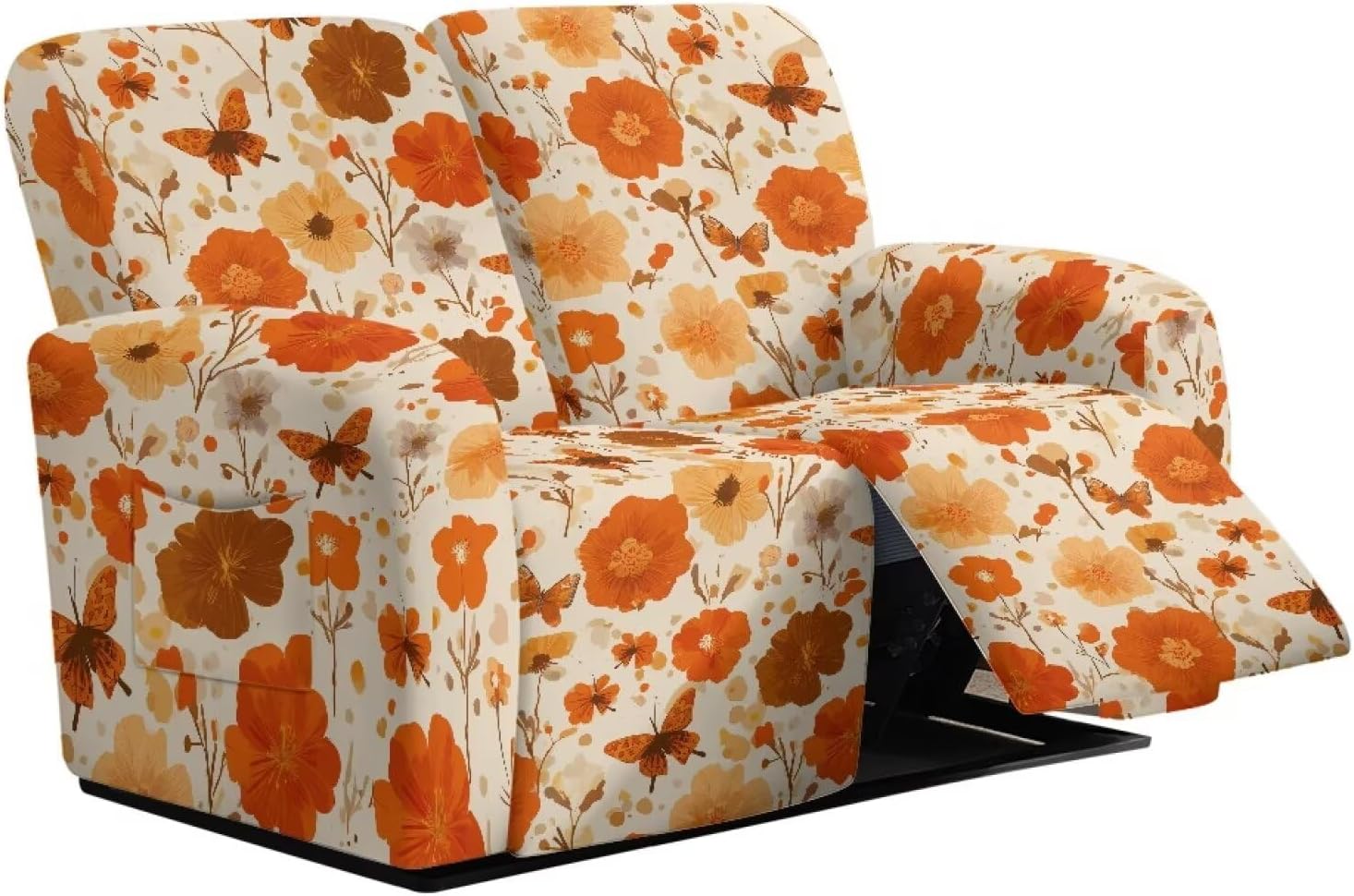 Suobstales Butterfly Flower Print Loveseat Recliner Slipcover 6 Pieces Stretch Recliner Sofa Cover for 2 Seat Reclining Loveseat Couch, Furniture Protector with Elastic Bottom