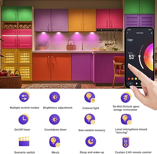 Miniatura 8 de Kit de 4 luces redondas de aluminio RGB para debajo del gabinete, funciona con Alexa, Goog le Assistant, aplicación y control remoto RF de 2.4G, luz