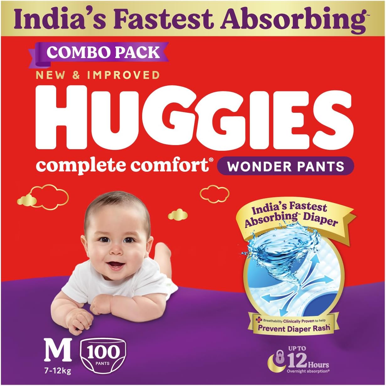 Huggies Complete Comfort Wonder Pants | Pant Style Baby Diapers Medium Size (M), 100 Count | India's Fastest Absorbing Diaper, Prevents Diaper Rash, Ideal for 7 to 12 Kgs (50 Count, Pack of 2)