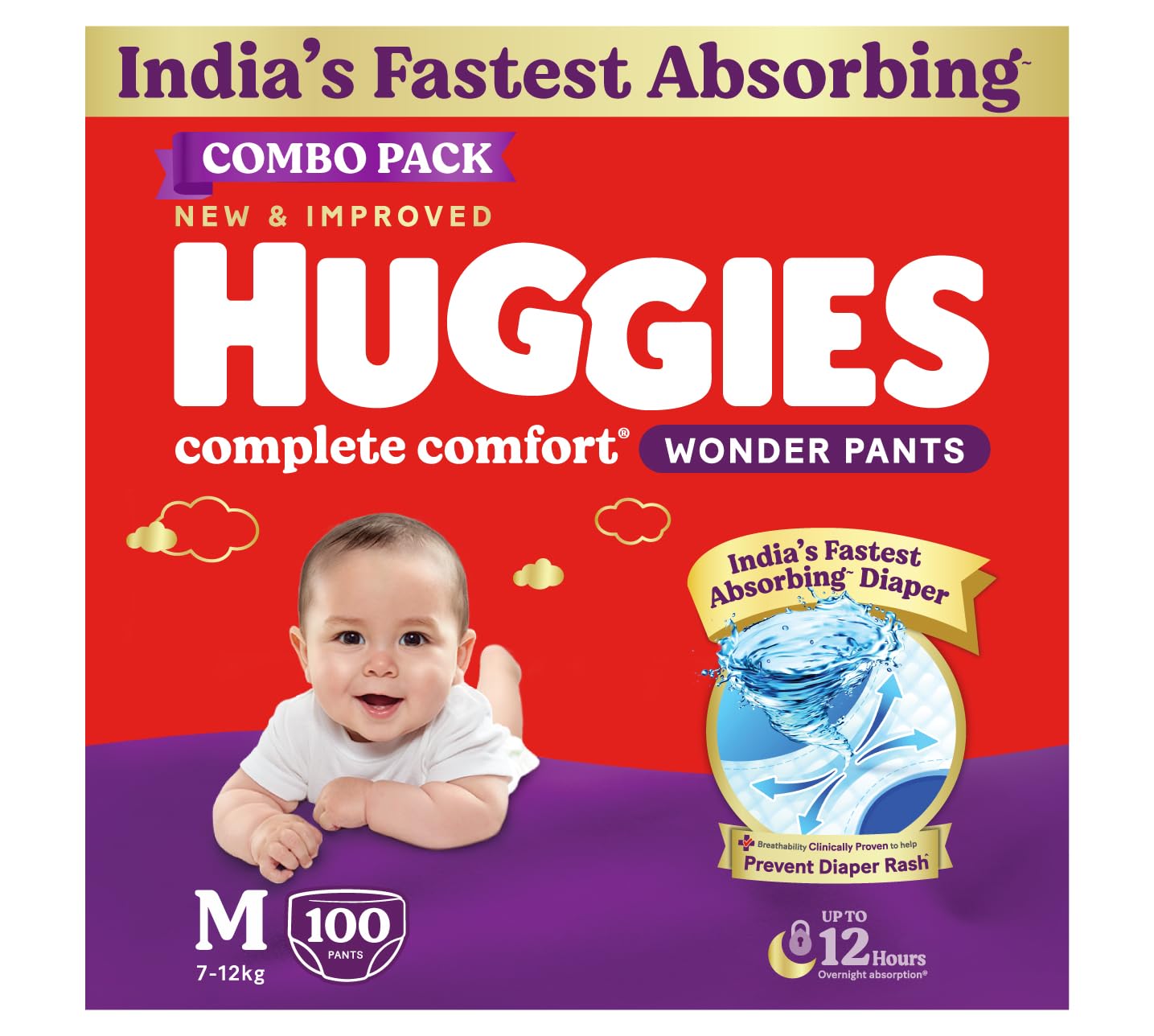 Huggies Complete Comfort Wonder Pants | Pant Style Baby Diapers Medium Size, 100 Count | India’s Fastest Absorbing Diaper, Prevents Diaper Rash, Ideal for 7 to 12 Kgs (50 Count, Pack of 2)