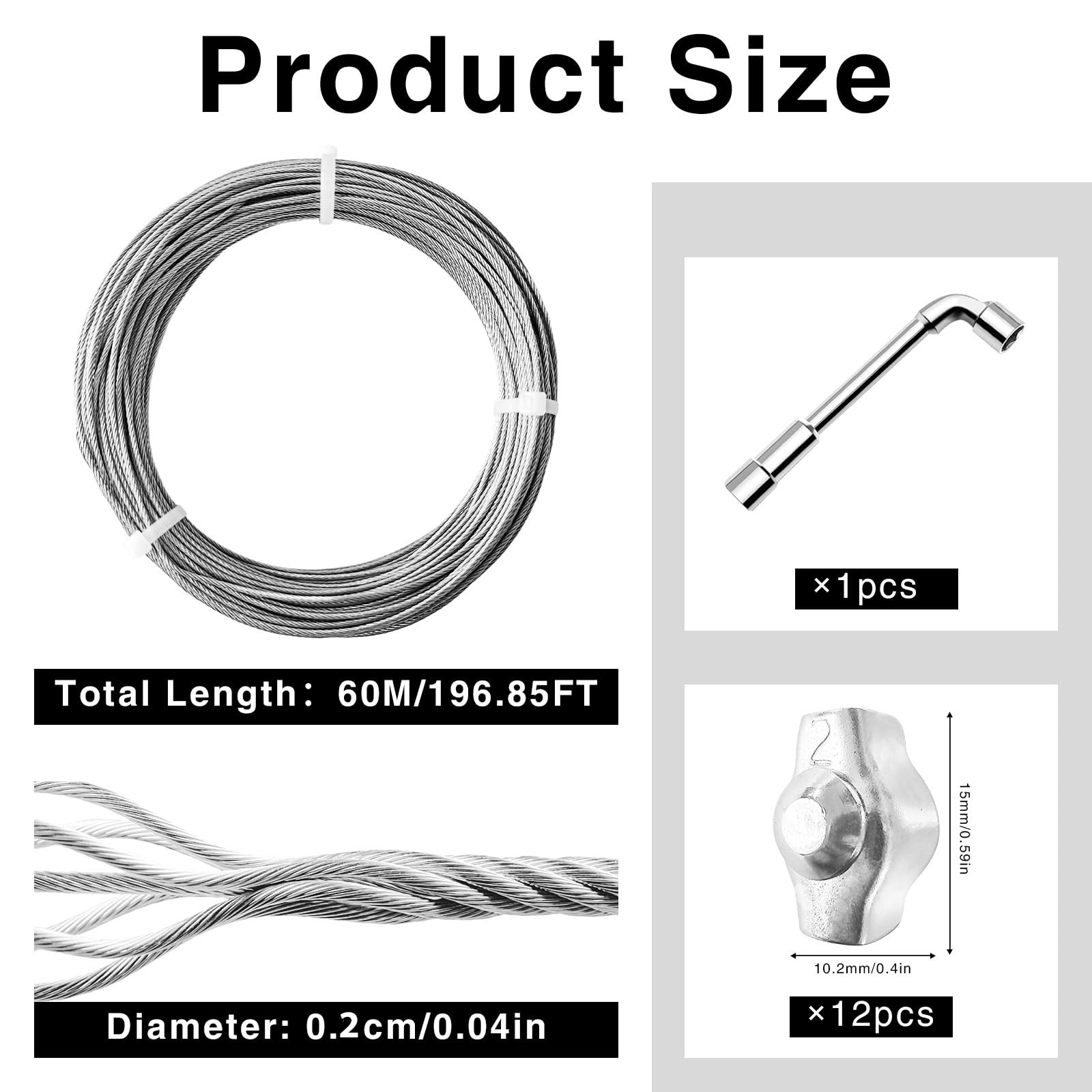 Câble Acier Inoxydable 304 - 60m Avec 10 Serre-Câbles | Diamètre 2mm | Pour Corde à Linge, Tentes, Éclairage