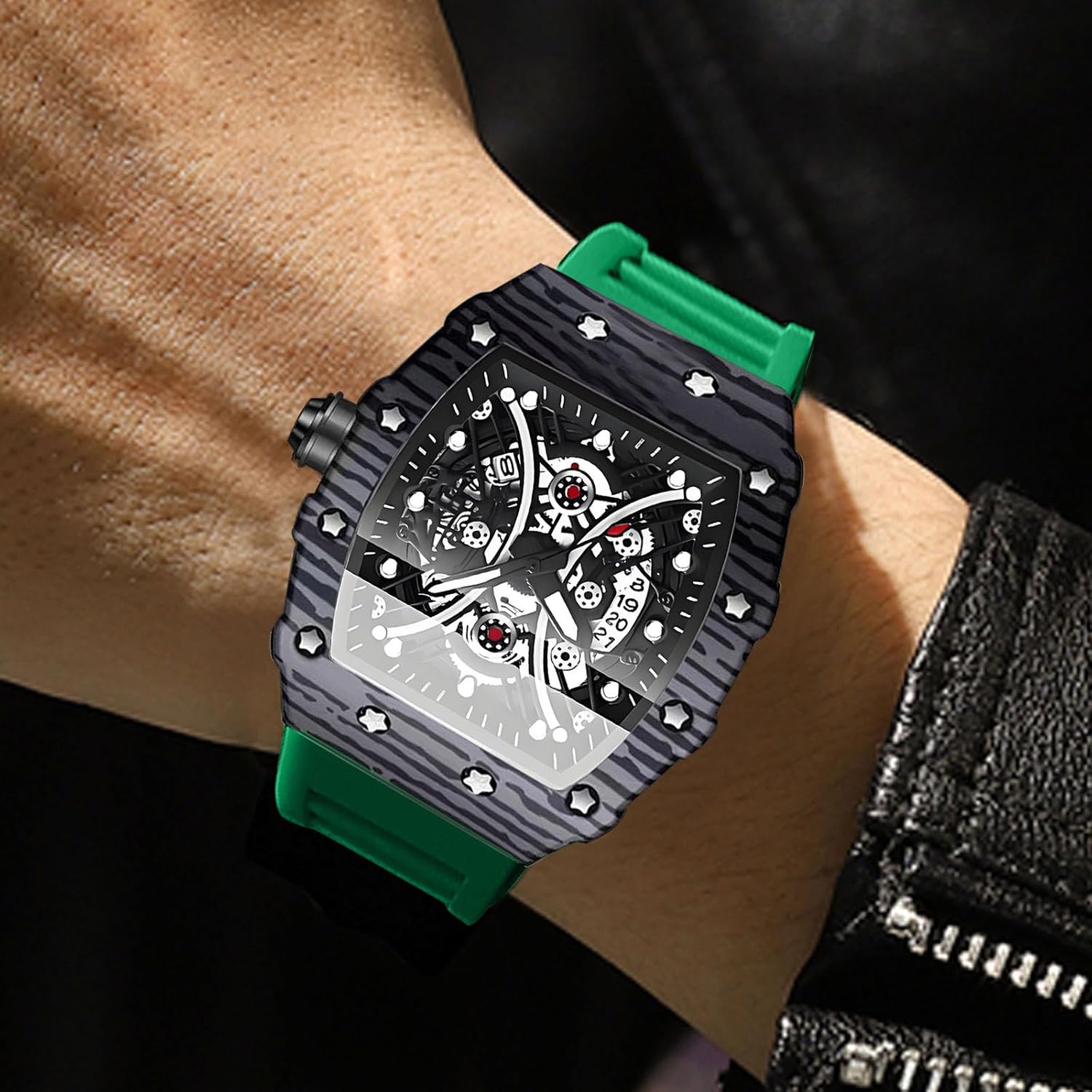 Skeleton Square Watches for Men, Barrel Big Face Sports Military Business Dress Rubber Strap Chronograph Luminous Waterproof Date Quartz Men Wrist Watch Relojes para Hombres