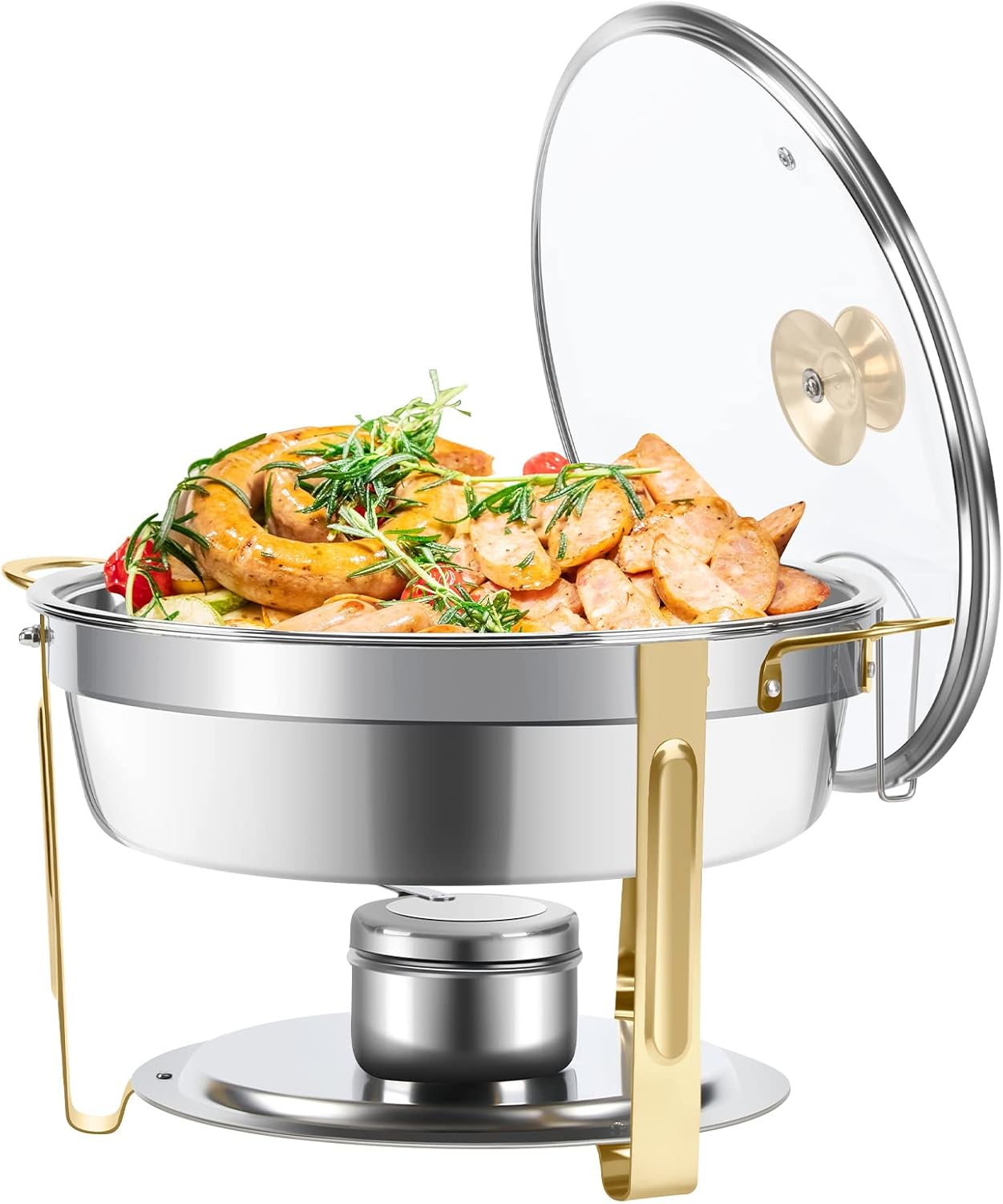Amhier 5 Qt Chafing Dish Buffet Set with Visible Glass Lid and Holder, Stainless Steel Round Chafers and Buffet Warmers Sets with Food and Water Trays for Catering, Parties and Weddings, Gold, 1 Pack