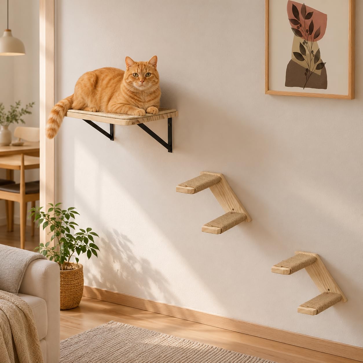Mur d'escalade pour chat - Lot de 3 - Avec 2 marches et plateforme de jeu - En bois massif - Montage mural - Pour l'escalade, les jeux, le sommeil
