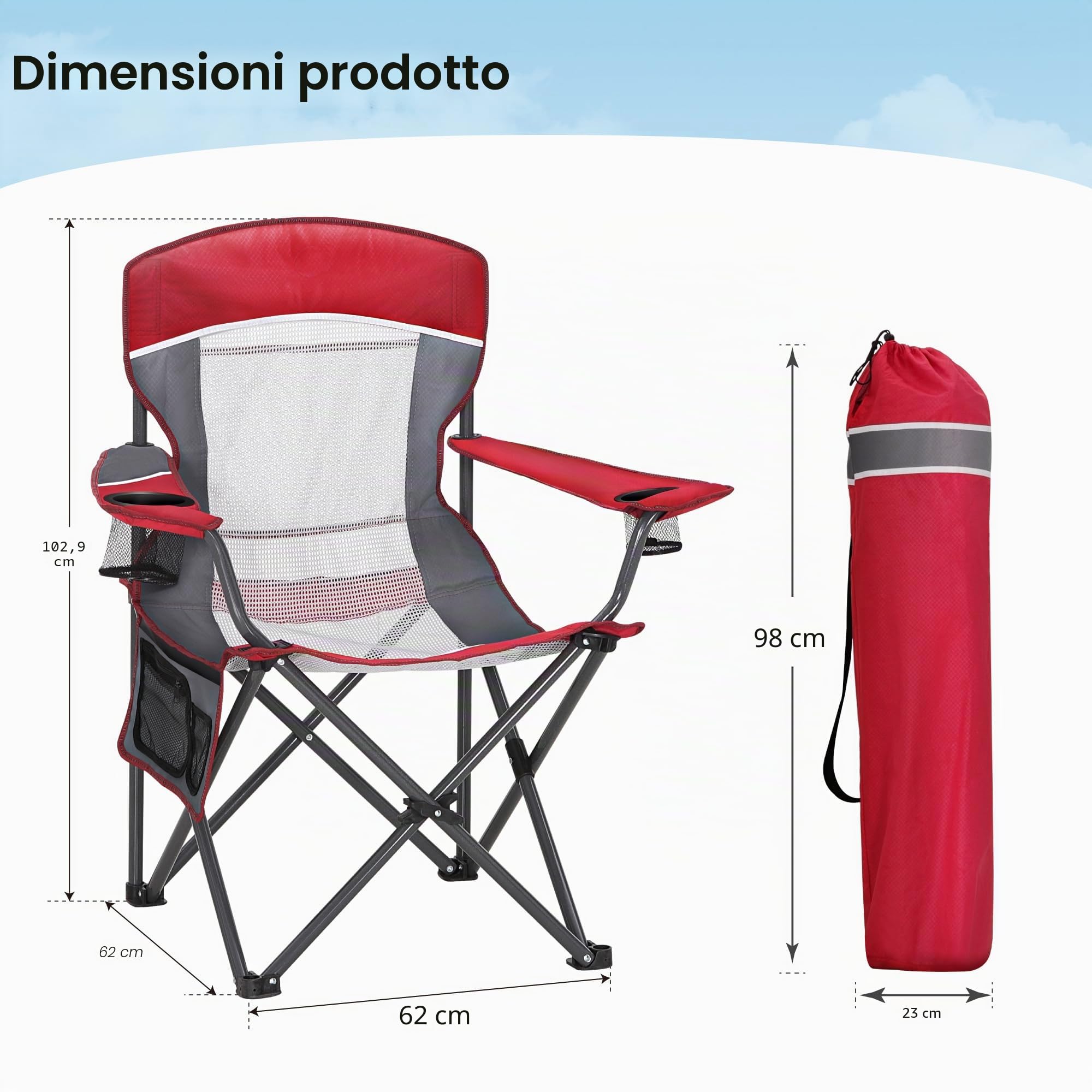 HIGH POINT SPORTS Sedia Pieghevole da Campeggio con Schienale in Rete Rosso Sedie Pieghevoli da Esterno Sedia da Campeggio Sedia da Pesca 160KG