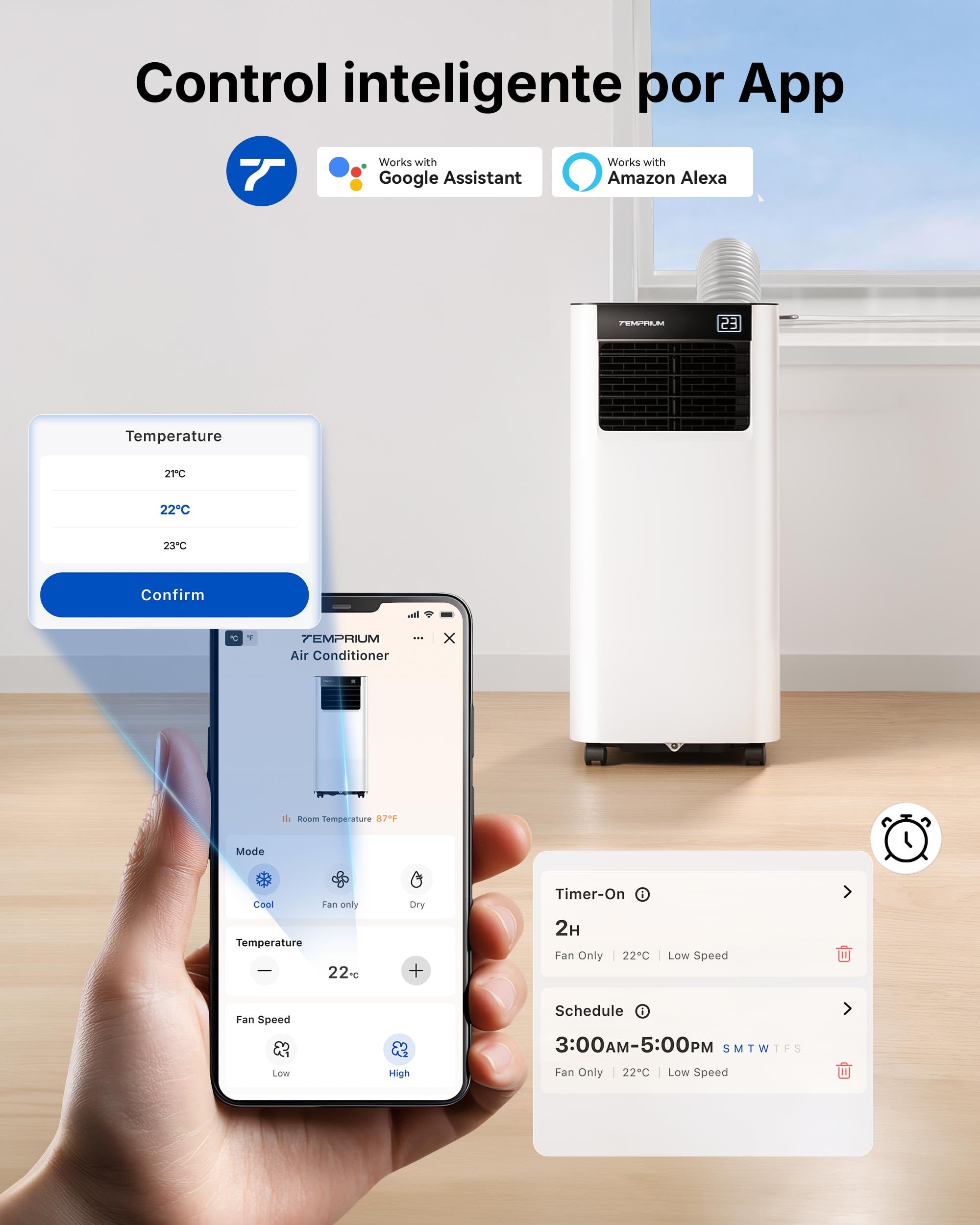 Aire Acondicionado Portátil 7000 BTU, Climatizador 3 en 1, Kit Ventana Incluido, Control App/Mando, Silencioso <48 dB, Temporizador 24 H, Hasta 20 m²