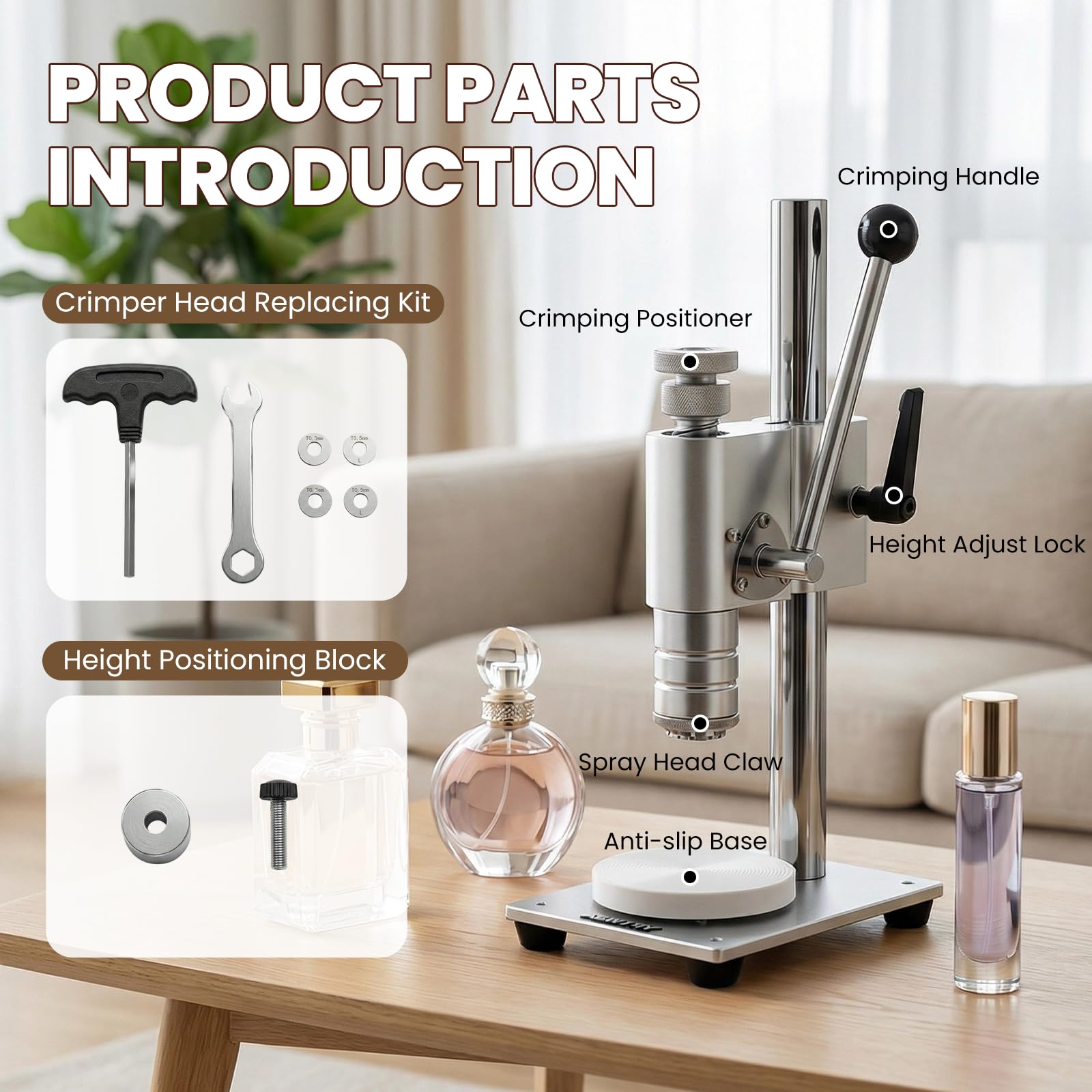 NEWTRY Herramienta manual para tapar frascos de perfume, engarzadora para frascos pulverizadores, Crimpadora para pulverizadores de 15 mm y anillos de collar, cuerpo de aleación de aluminio
