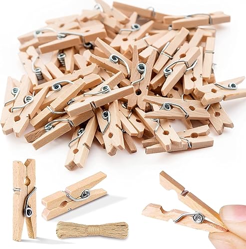 Miniatura 10 de Mini alfileres resistentes para fotos, 150 pinzas de madera natural de 1 pulgada con cordel de yute de 33 pies, clips pequeños para exhibición de
