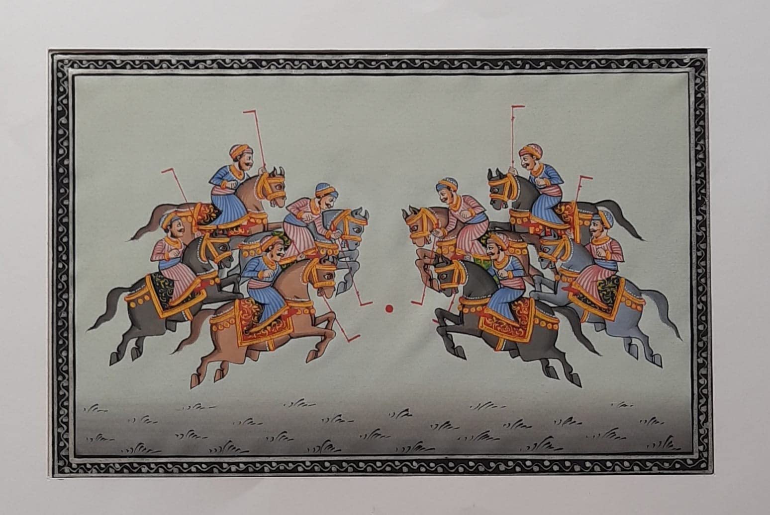 Dholamaru Art Gallery Watercolor Hnadmade Silk Miniature Painting of "The King Playing Polo Game on Horse" (6.5x4.5 Inch) sp03