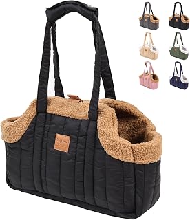 ETIAL Small Dog Carrier Purse with Winter Fleece Lining, Waterproof Tote Bag for Puppies & Kittens Under 12lbs - Secure Harness Clip (Black)