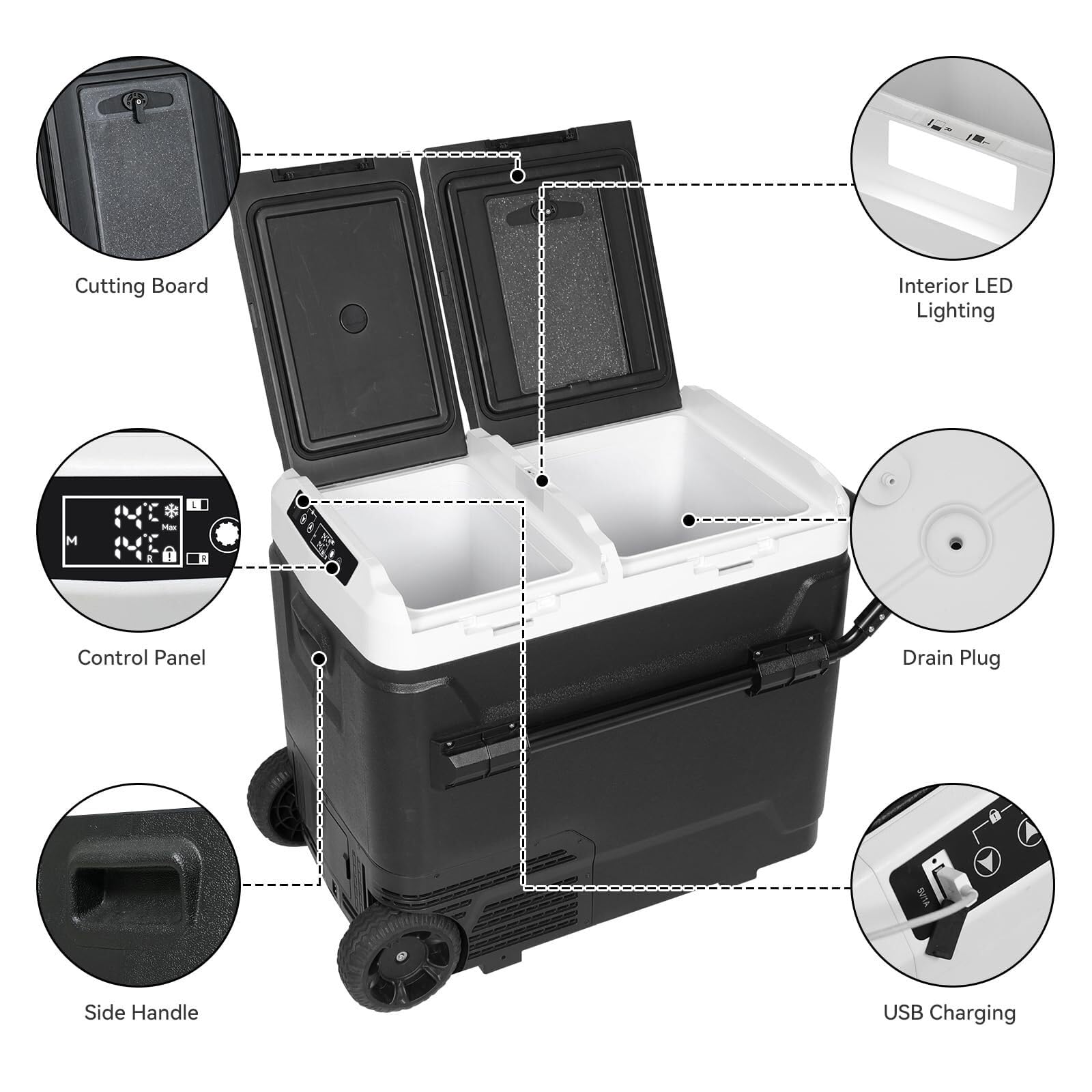 Frigo Auto 60L, Frigo da Campeggio Doppia Zona con Controllo App, 12V/220V, con Maniglia telescopica per Auto, Camion, Camper, Barca, Fino a -20 °C