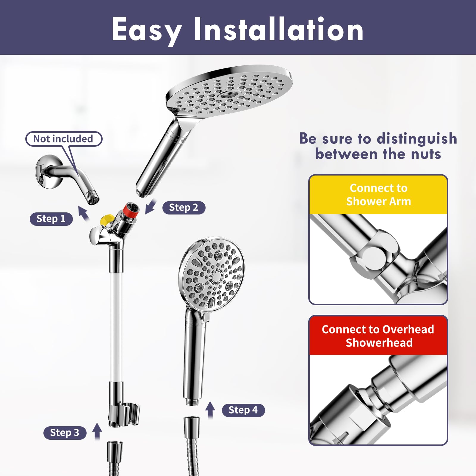 HOWUWEY Cabezal de ducha doble filtrado con rociador de mano combinado para agua dura, cabezal de ducha moderno de alta presión de 7.5 pulgadas con 9 modos de mano y filtro, manguera de 79 pulgadas
