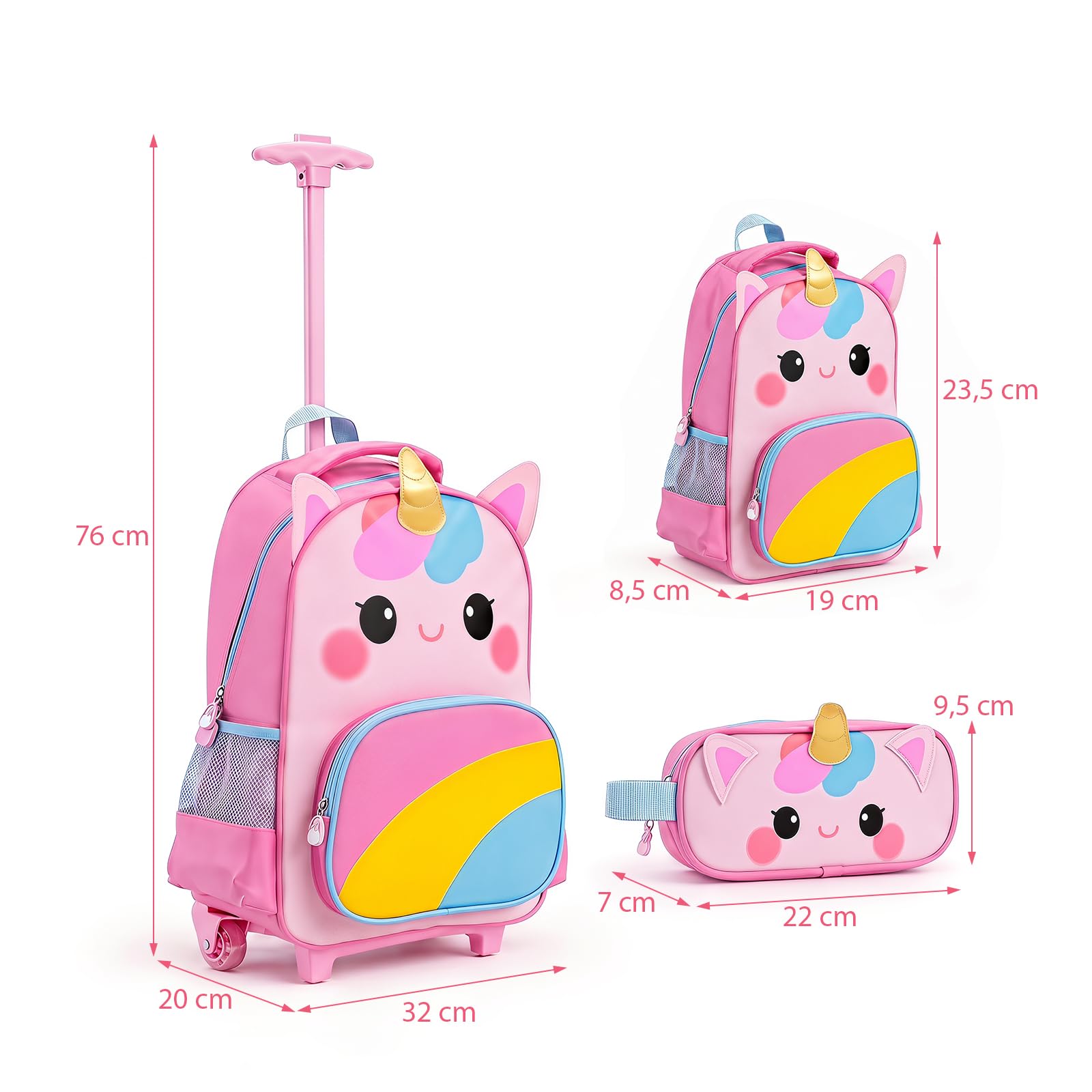 LIFEZEAL Mochila Escolar con Ruedas 3 Piezas Niños Niñas 3+ (Unicornio 2) | Mochila de Viajes Infantil con 4 Ruedas, Mango Ajustable, Fiambrera de Almuerzo y Estuche, Juego de Bolsas para Escolares