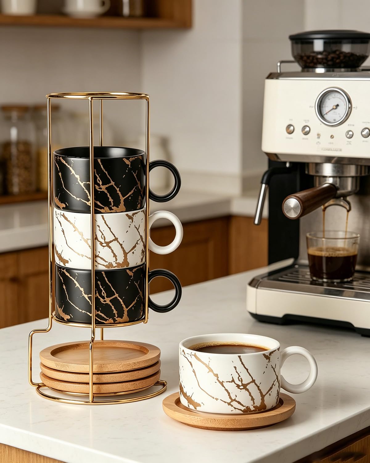 HOME DECOR Tasses à expresso empilables en céramique 4 x 160 ml– Marble | Soucoupe et support, gain de place, décor unique, idéal pour l'espresso et le latte, compatible lave-vaisselle.