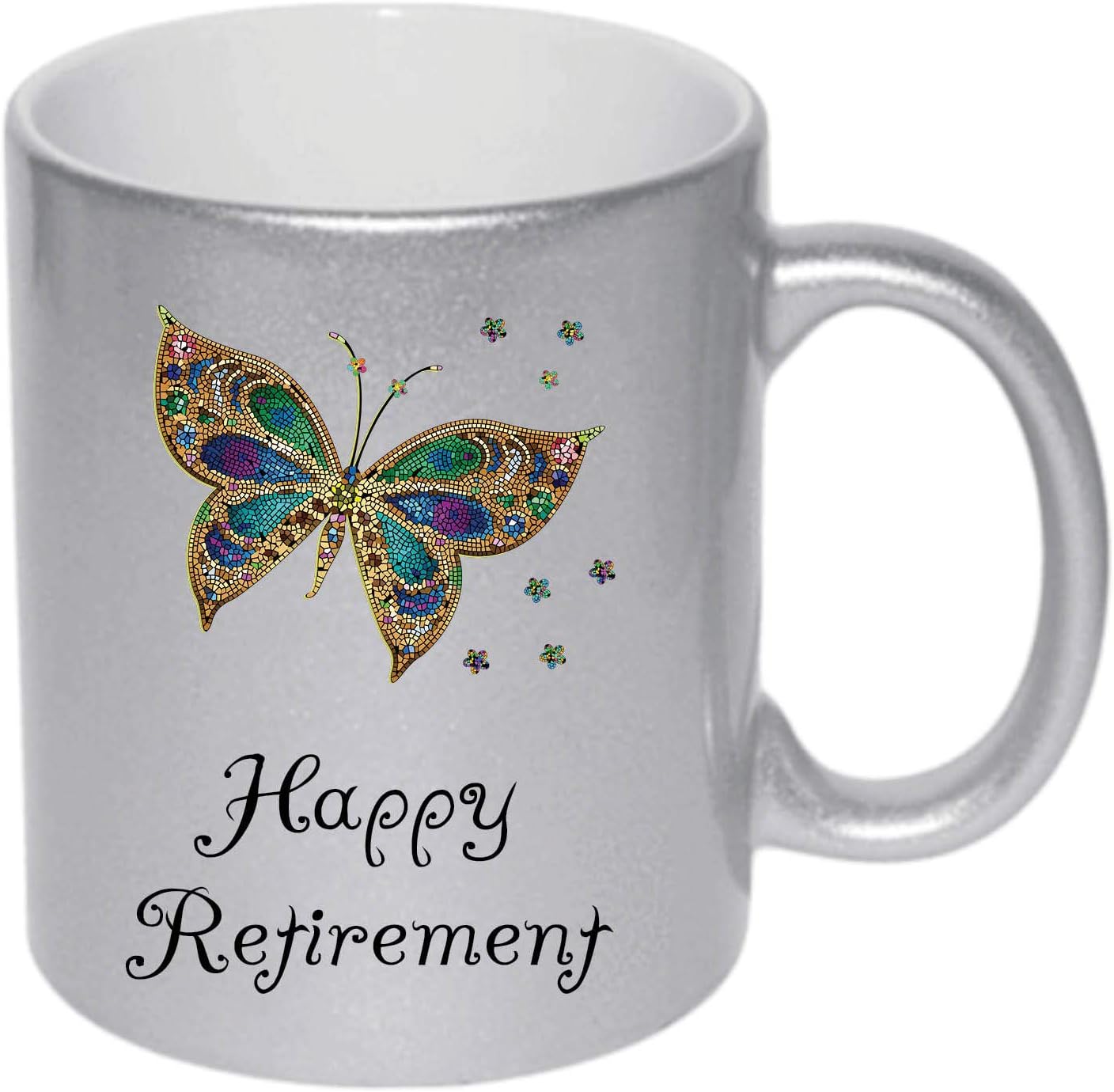 Happy Retirement Butterfly Mosaic Ladies Silver Glitter Mug can be