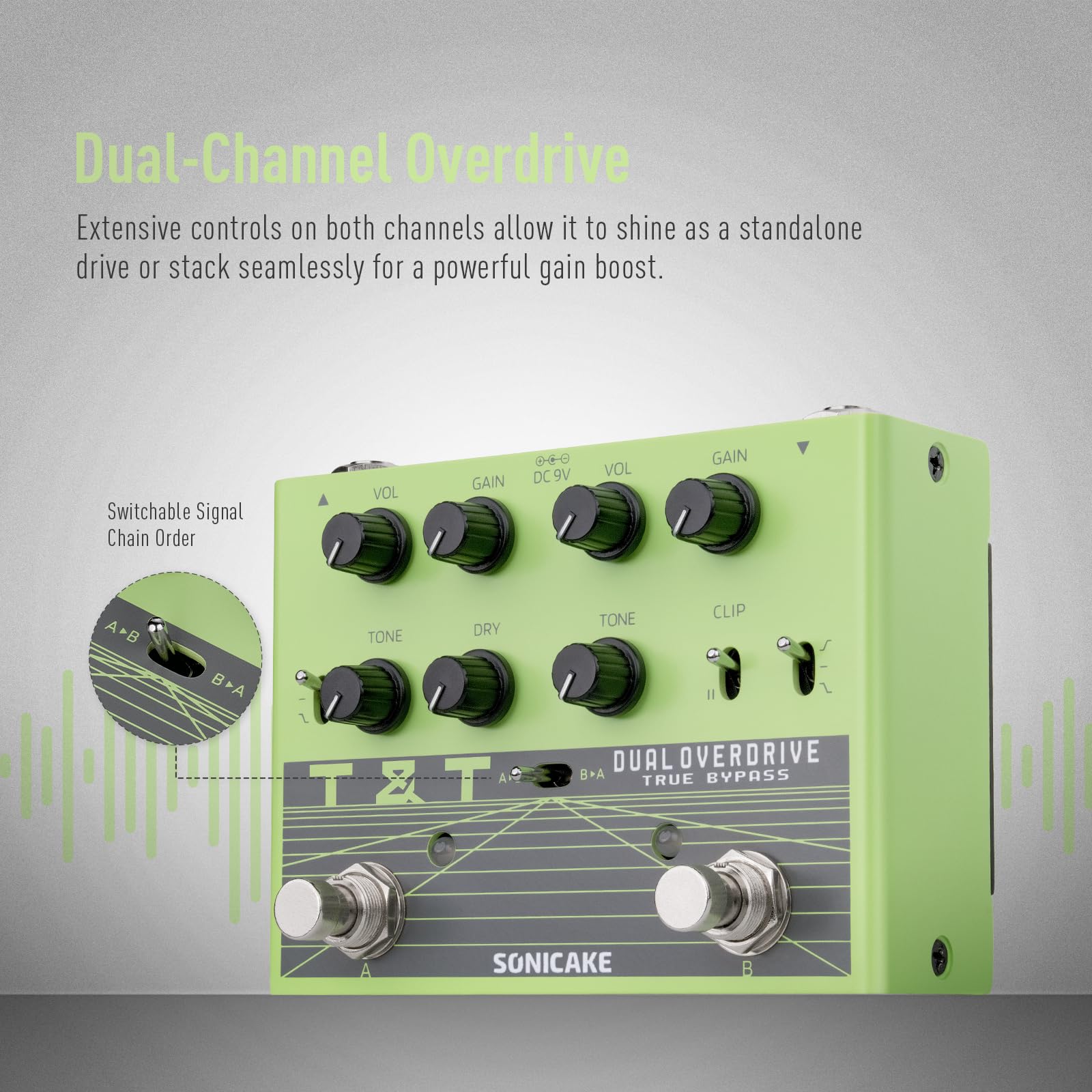 SONICAKE Overdrive Pedal para Guitarra Doble Canal Analógico 20+ Combinaciones de Tonos 3 Modos EQ True Bypass QDS-07