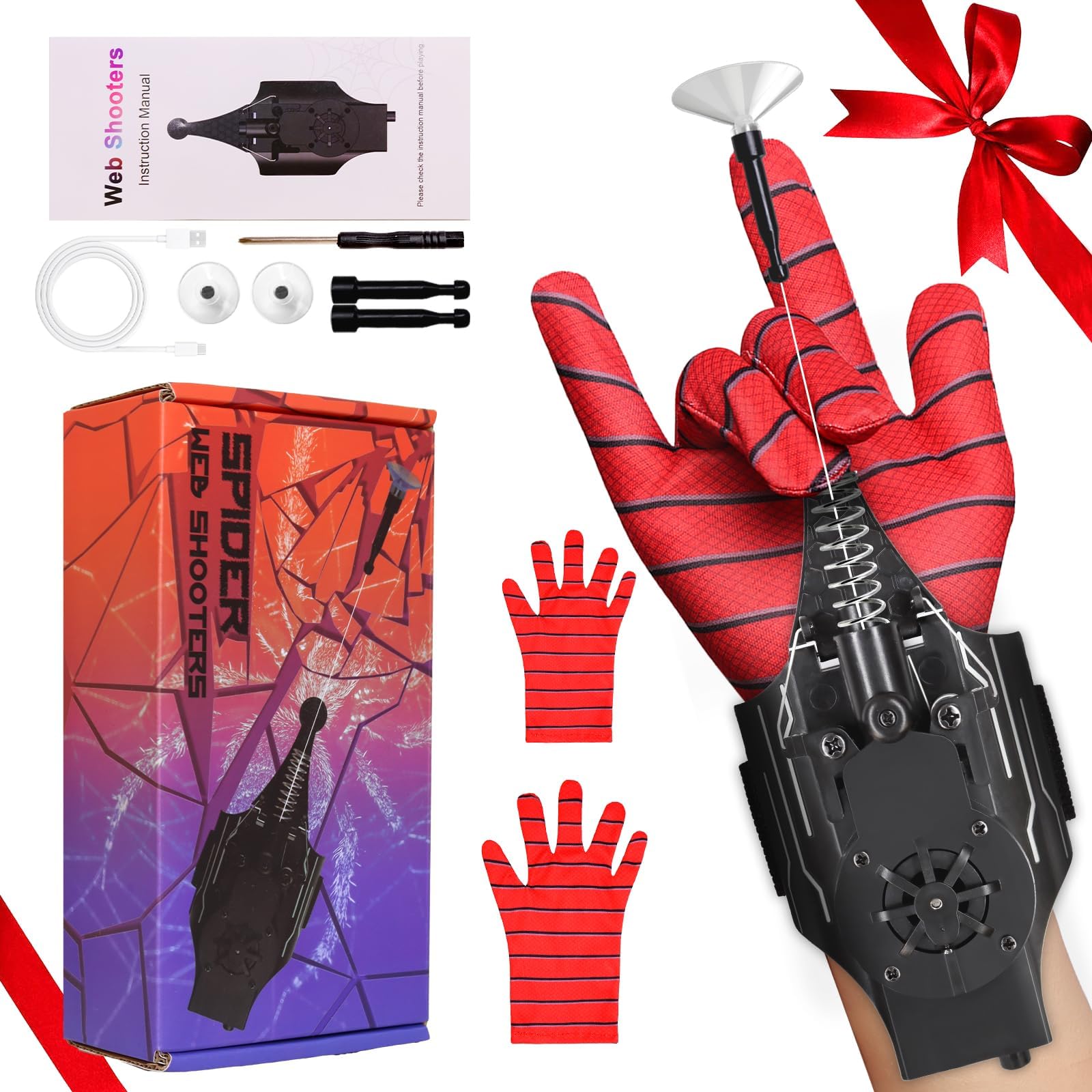Spider Web Shooter with Gloves, 8 FT Real Web Launcher String Shooters Toy for Kids, Cool Gadget Wrist String Shooter for Superhero Role-Play(Black)