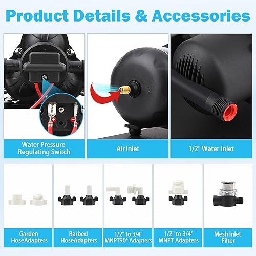 Miniatura 4 de Bomba de agua RV 12V DC 3.5 GPM 45PSI Bomba de diafragma de agua dulce con tanque acumulador prepresurizado de 0.75L 125PSI, interruptor de presión