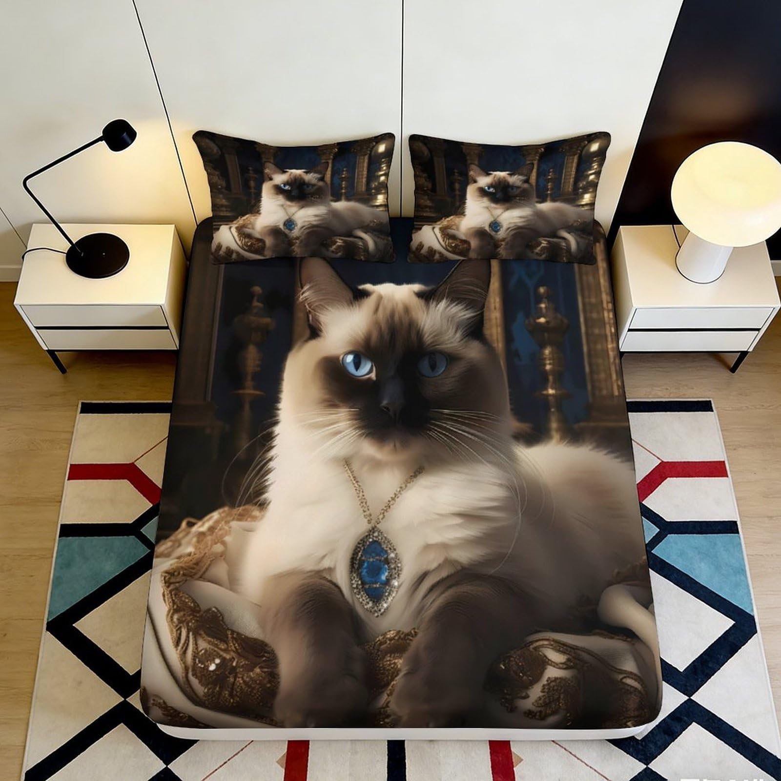 3D Printed Siamese Cat Fitted Sheet Microfiber Soft Durable Blue Eyes Bed Cover for Bedroom Dormitory Guest Room Mattress Protection Decor 90x200x25cm
