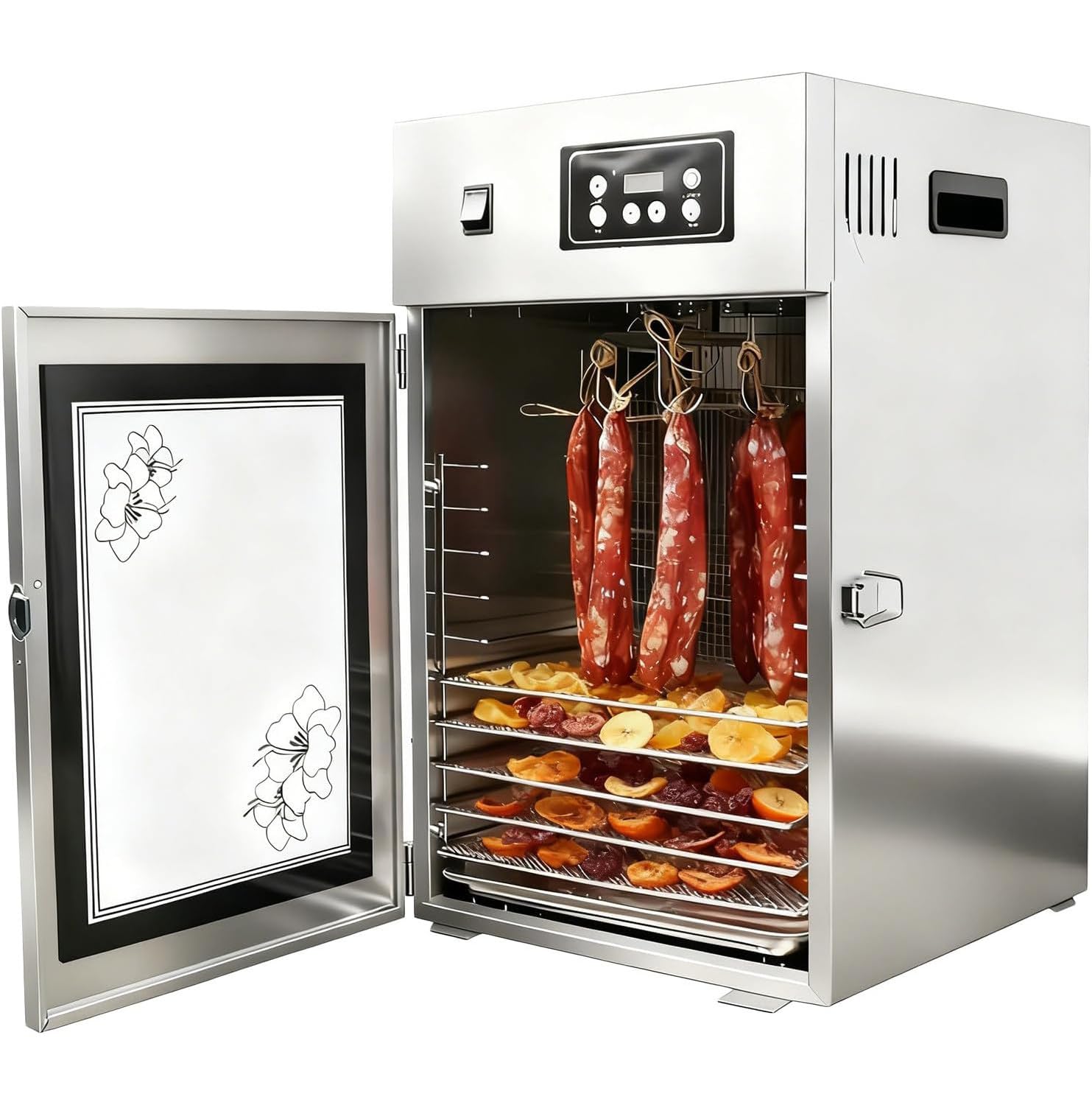 Domowa suszarka do żywności 800W, Obrotowa suszarka do mięsa 360°, Komora do dojrzewania mięsa, Maszynka do jerky wołowego, Szafka susząca, Regulacja 30-90°C, W zestawie 10 półek, 14 haków