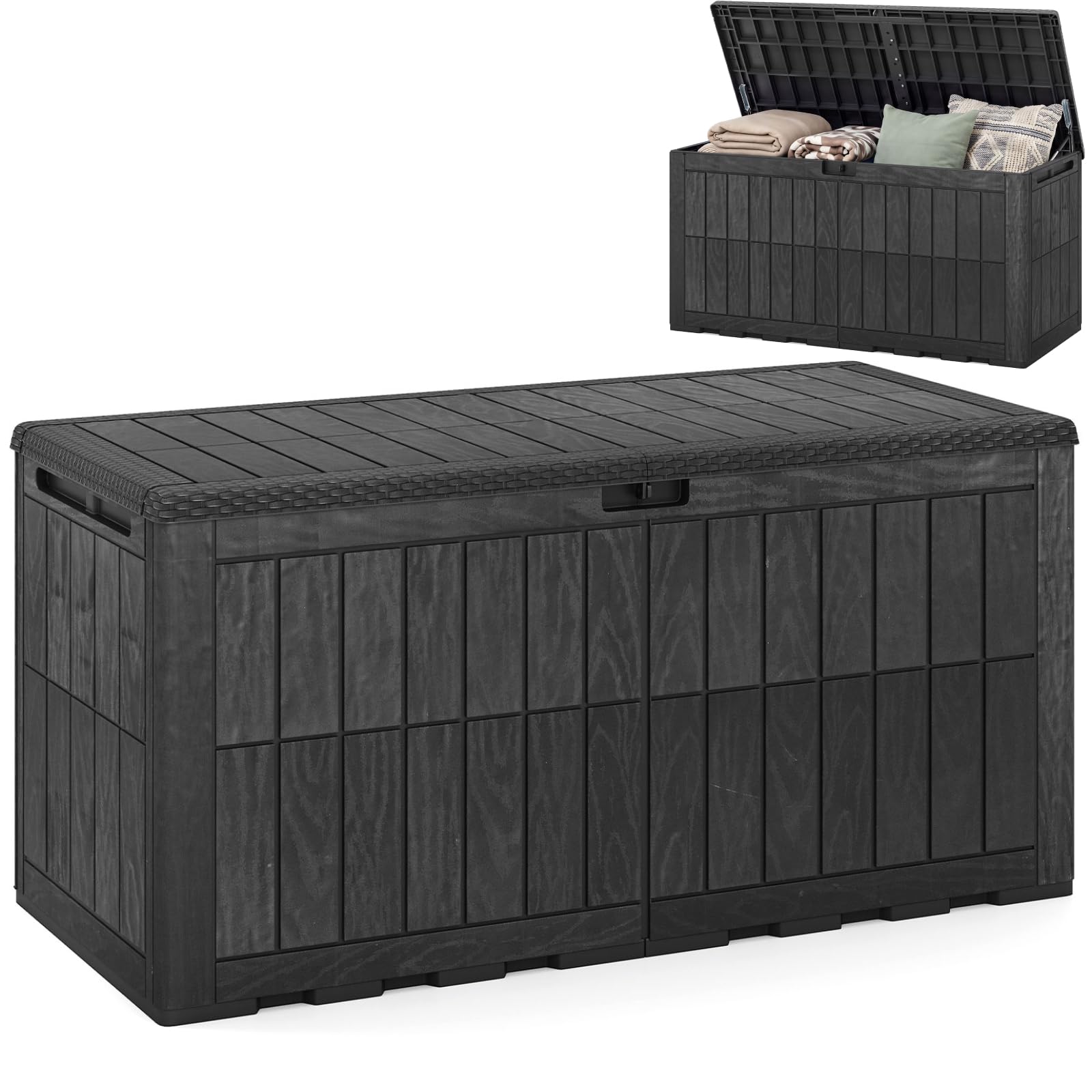 COSTWAY Garden Storage Box, Waterproof Resin Deck Box Bench with Lockable Lid & Handles, Grooved Texture Outdoor Patio Storage Container for Cushion Tool Toy (Black,455L)