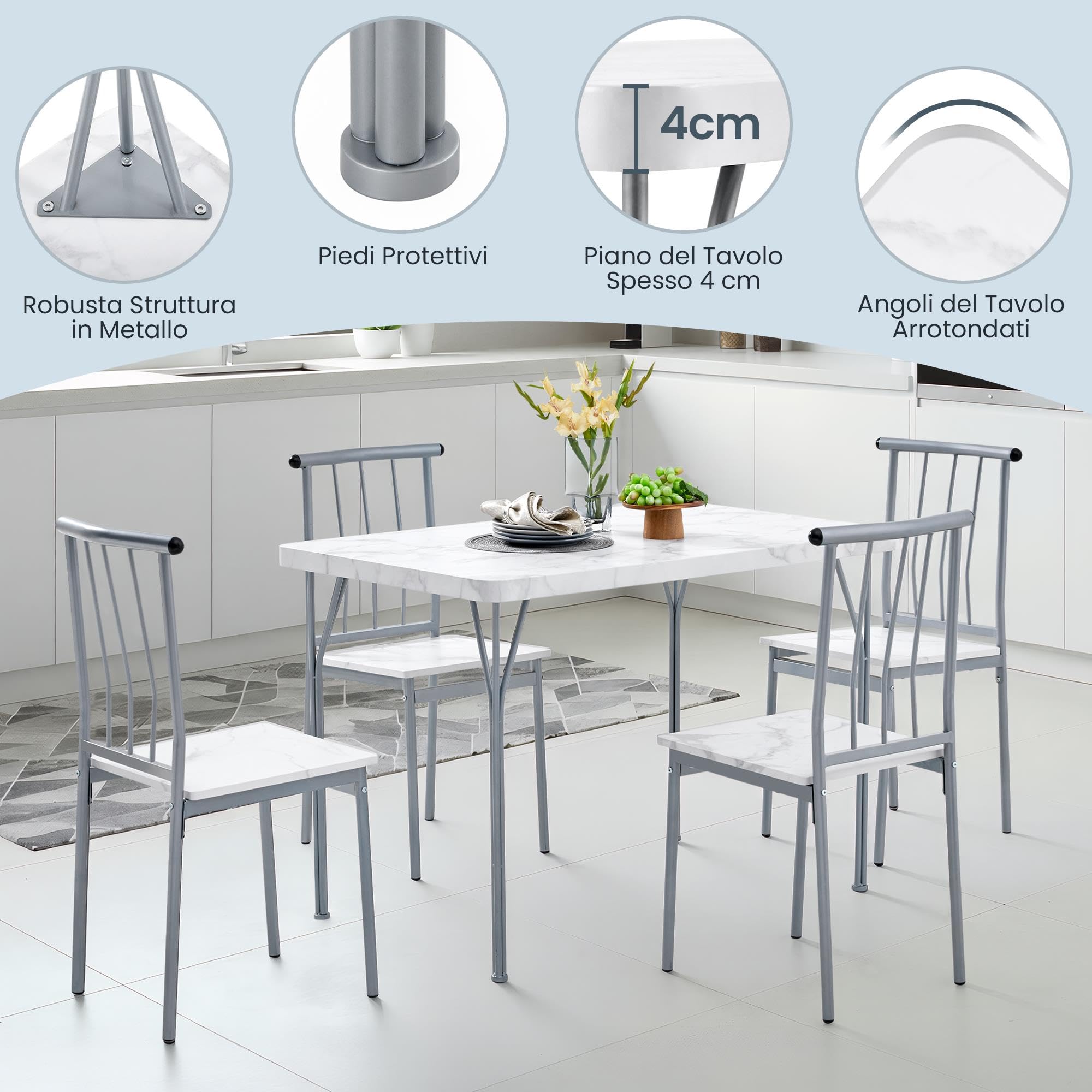 Tavolo da Pranzo con 4 Sedie, Set 5 Pezzi in MDF e Metallo per Sala da Pranzo, Cucina, Bar e Soggiorno per 4 Persone Bianco