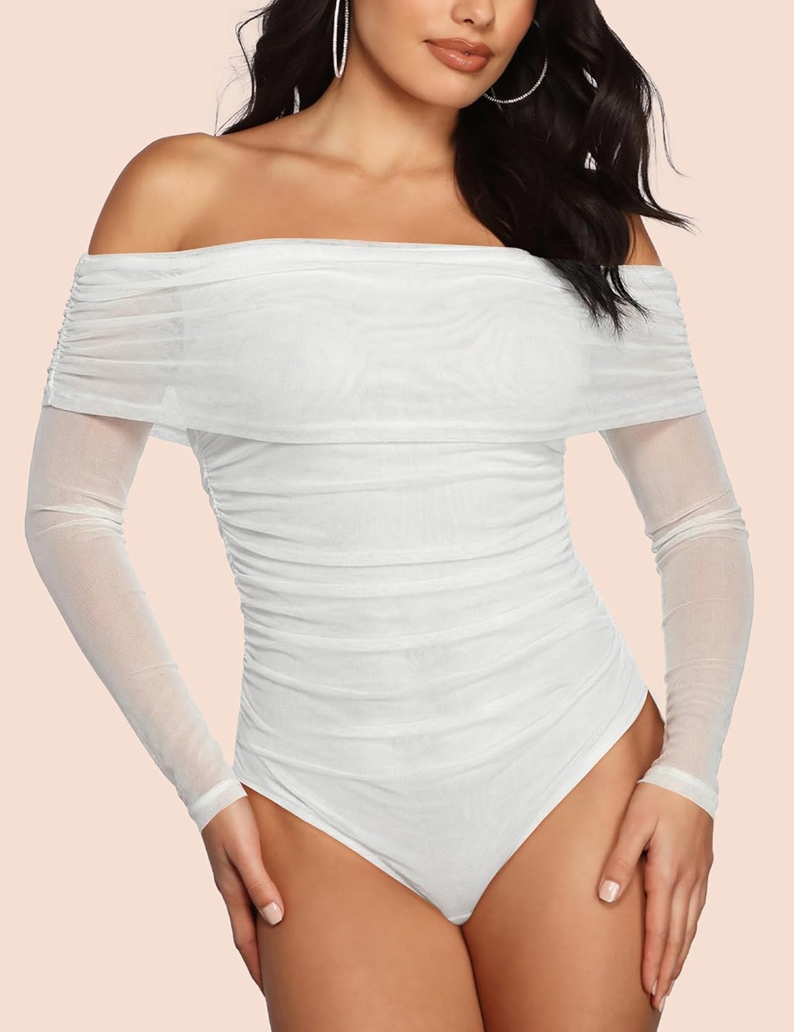 SAUNGKUAI Women's Off The Shoulder Long Sleeve Bodysuit Sexy Slimming Body Suit Tops Sheer Mesh Ruched Fall Outfits 2026 - Image 2