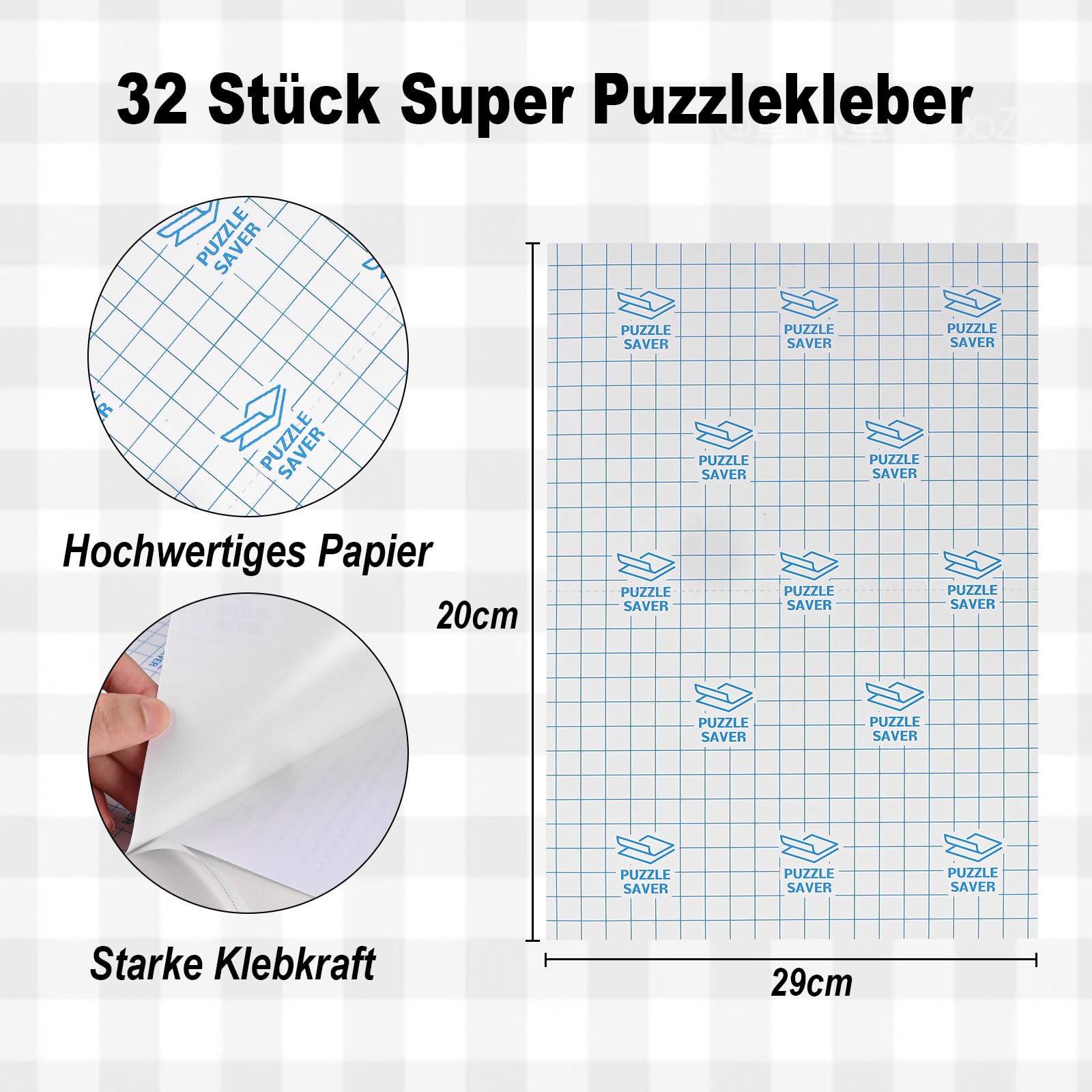 Faburo Puzzle folia samoprzylepna, 32 sztuki, super klej do puzzli, 4 x 1000 elementów / 8 x 500 części, 20 x 29 cm, folia samoprzylepna przezroczysta dla dzieci i dorosłych, do puzzli, przezroczysta
