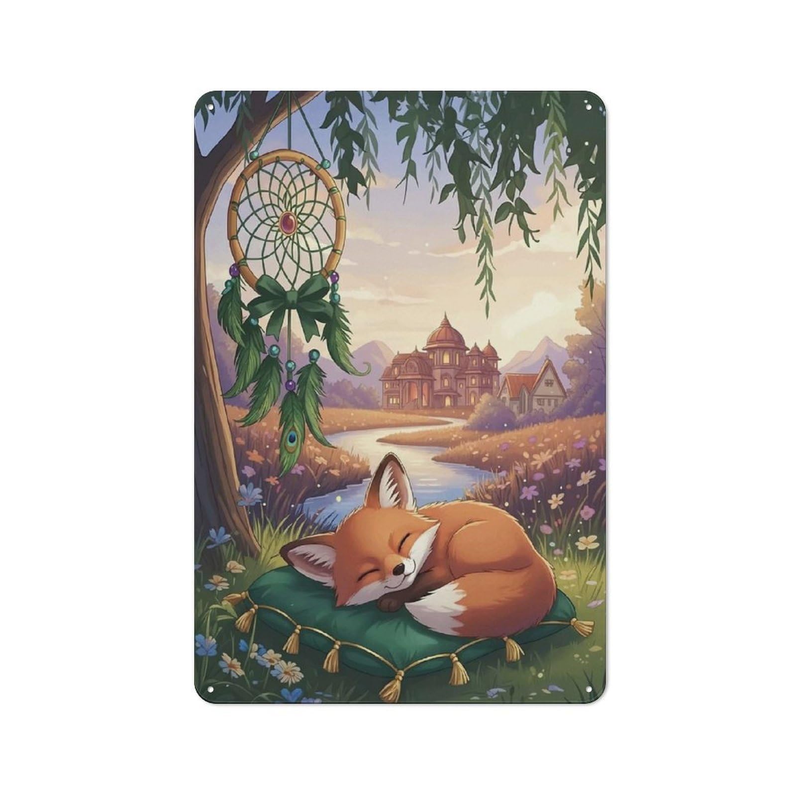 Junmoney Style-24 Tin Wall Plaque 30X20cm With Sleeping Fox With Dreamcatcher Landscape For Hobby Room Or Studio, For Kitchen, Dining Room And Home Bar Wall Decor