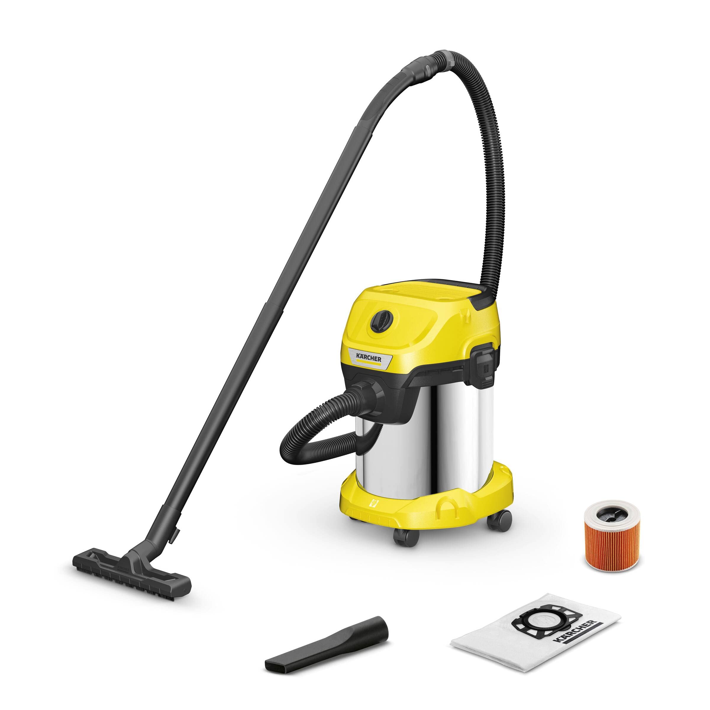 Kärcher, Aspirador en Seco y Húmedo WD 3 S V-​17/​4/​20, Enchufe, Filtro cartucho, 1000 W, Depósito acero inoxidable 17 l, Manguera aspiración 2 m, cable 4m, Función de soplado