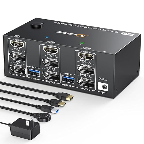 KVM Switch 3 Monitors 2 Computers, HDMI + DisplayPort KVM Switcher 8K@30Hz/4k@144Hz for 2 Computer Share 3 Display and 4 USB 3.0 Devices - 2x3 KVM Switch HDMI +HDMI