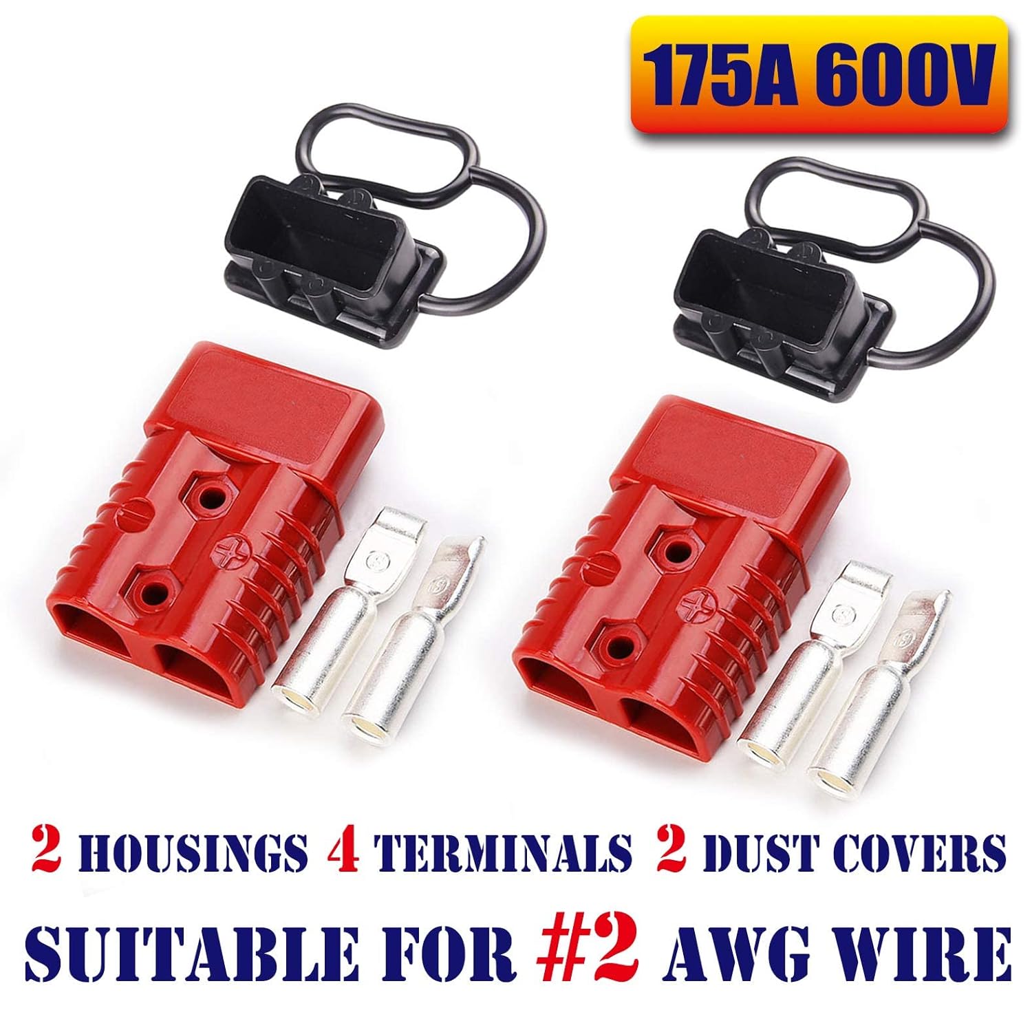 175Amp Anderson Compatible 2 Pole Power Connector Plug Red w/Terminals for #2 AWG Wire[2 housing+4 Terminal pins+2 dust Covers]