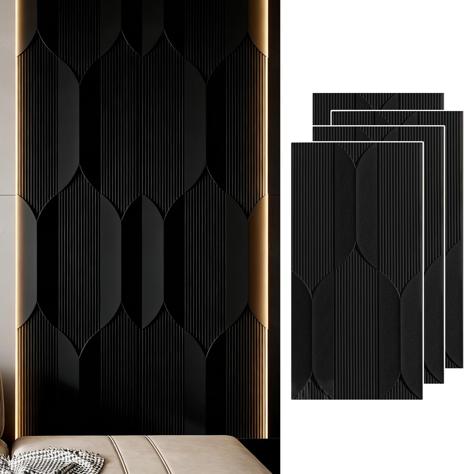 Paneles 3D con diseño geométrico a Rayas para Pared, Revestimiento Texturizado de PU Impermeable para Exteriores e Interiores, Revestimiento Decorativo (Negro, 4 Unidades)