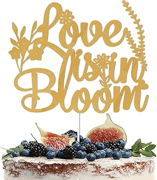 Love is in Bloom Cake Topper - Floral Bridal Shower Decor, Wildflower Themed Bridal Shower Engagement Wedding Party Decorations Gold Glitter