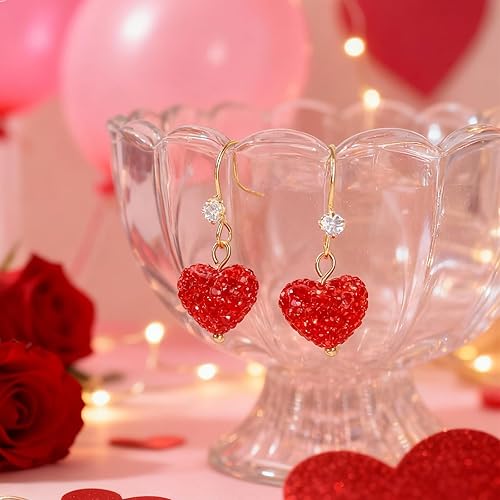 Miniatura 7 de Aretes de corazón rojo, regalos para el día de San Valentín para ella, aretes de corazón de amor con diamantes de imitación, aretes colgantes de San