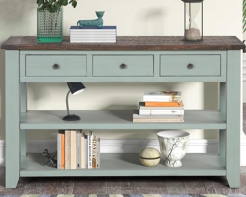 Miniatura 2 de Mesa consola de madera maciza con cajones de almacenamiento y estante inferior, mesa de entrada para almacenamiento, entrada, pasillo, vestíbulo,