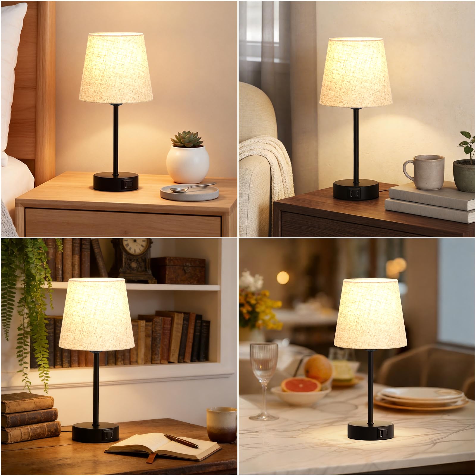 Nachttischlampe Touch Dimmbar 2er Set, Tischlampe mit Ladefunktion USB A+C-Anschlüssen 2 LED Birnen, Leinen-Lampenschirm, Kleine Lampe für Schlafzimmer Wohnzimmer Babyzimmer Büro