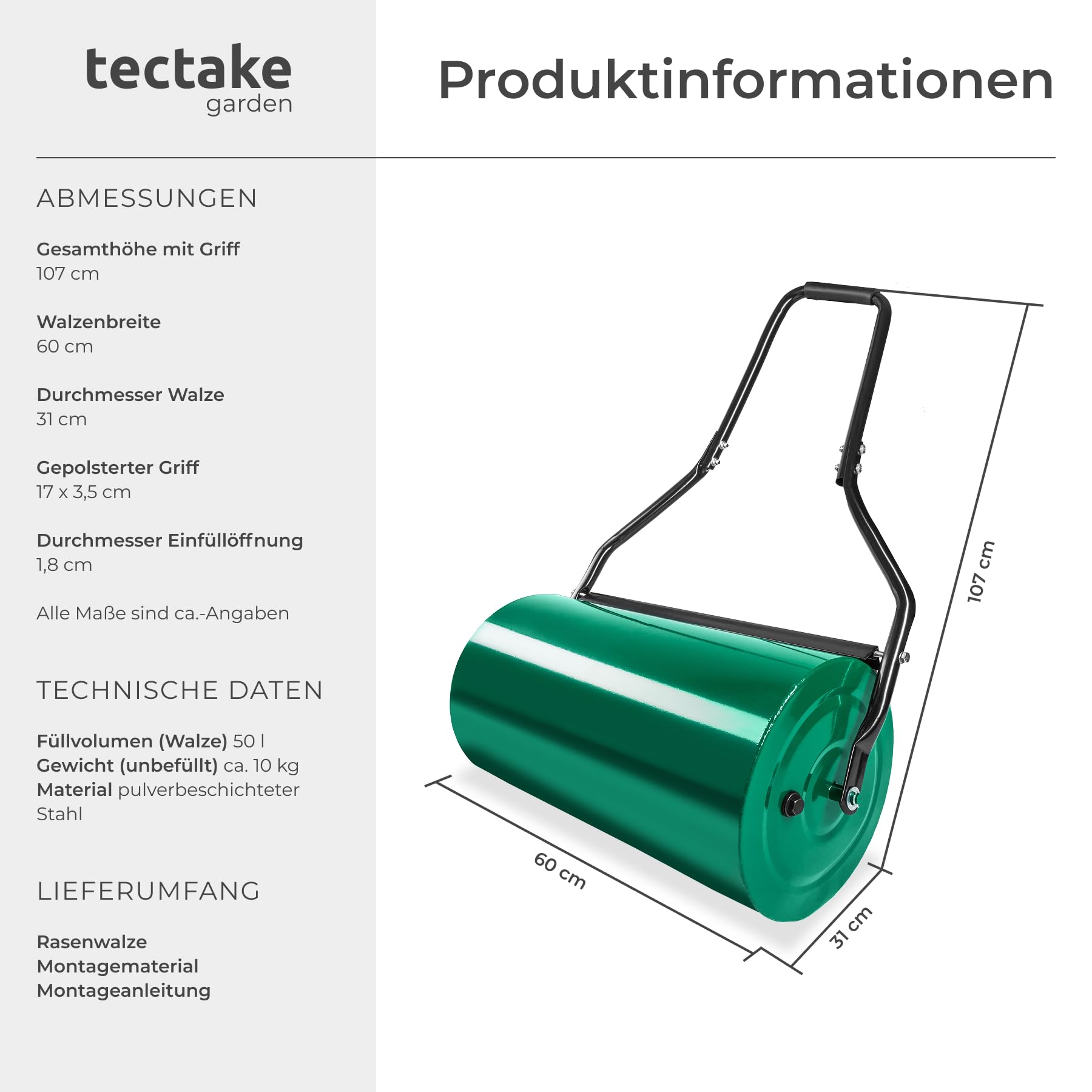 tectake® Rasenwalze befüllbar, Füllvolumen: 50 L, Breite 60 cm, Rasenrolle zur Boden Verdichtung, mit Schmutzabstreifer, Bodenwalze, Gartenwalze zur Einarbeitung von Rasensamen Grassamen Rasenkalk