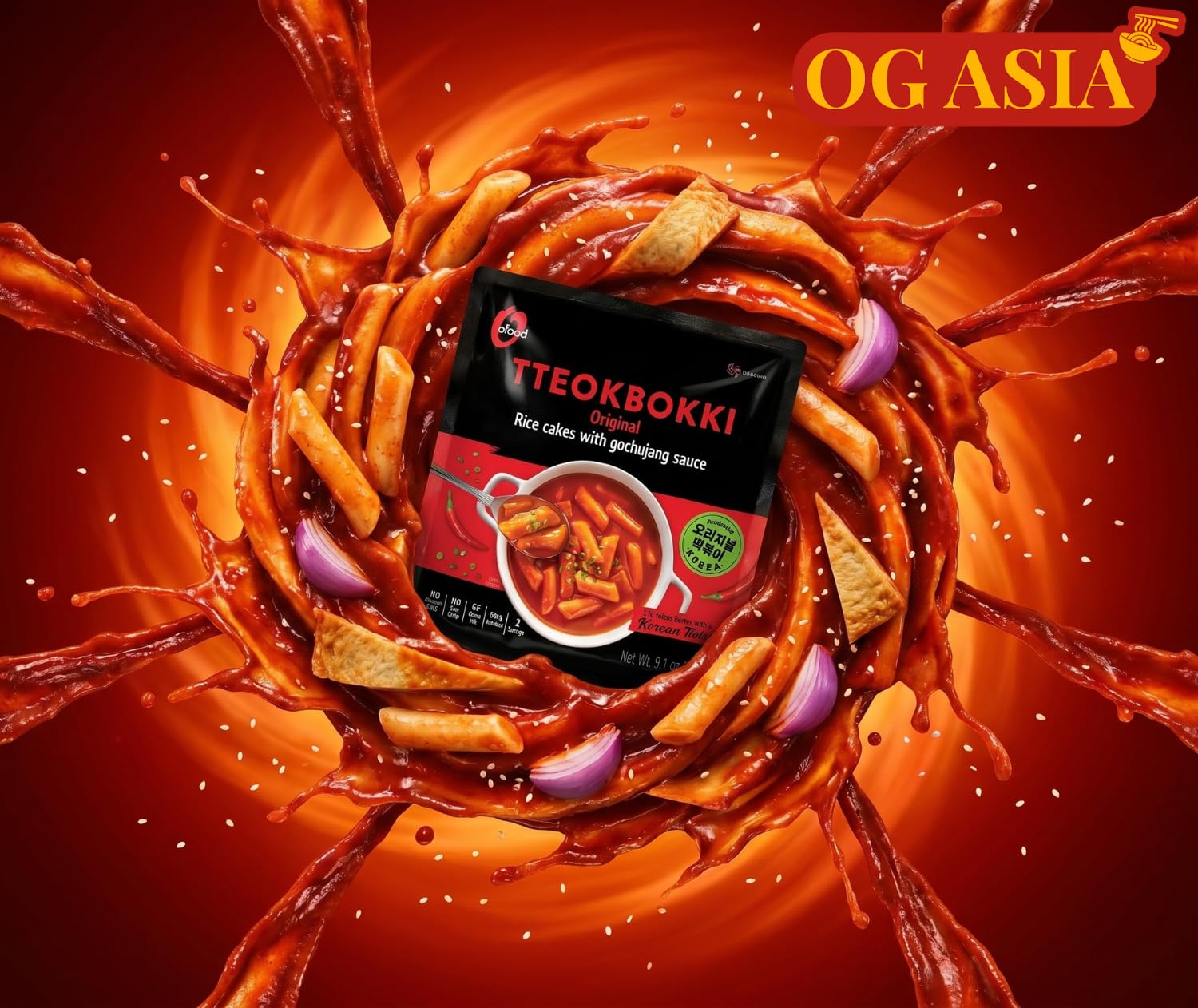 O'Food Topokki Original z sosem Gochujang - koreańskie ciasto ryżowe - ostre i autentyczne - OG ASIA - 260 g